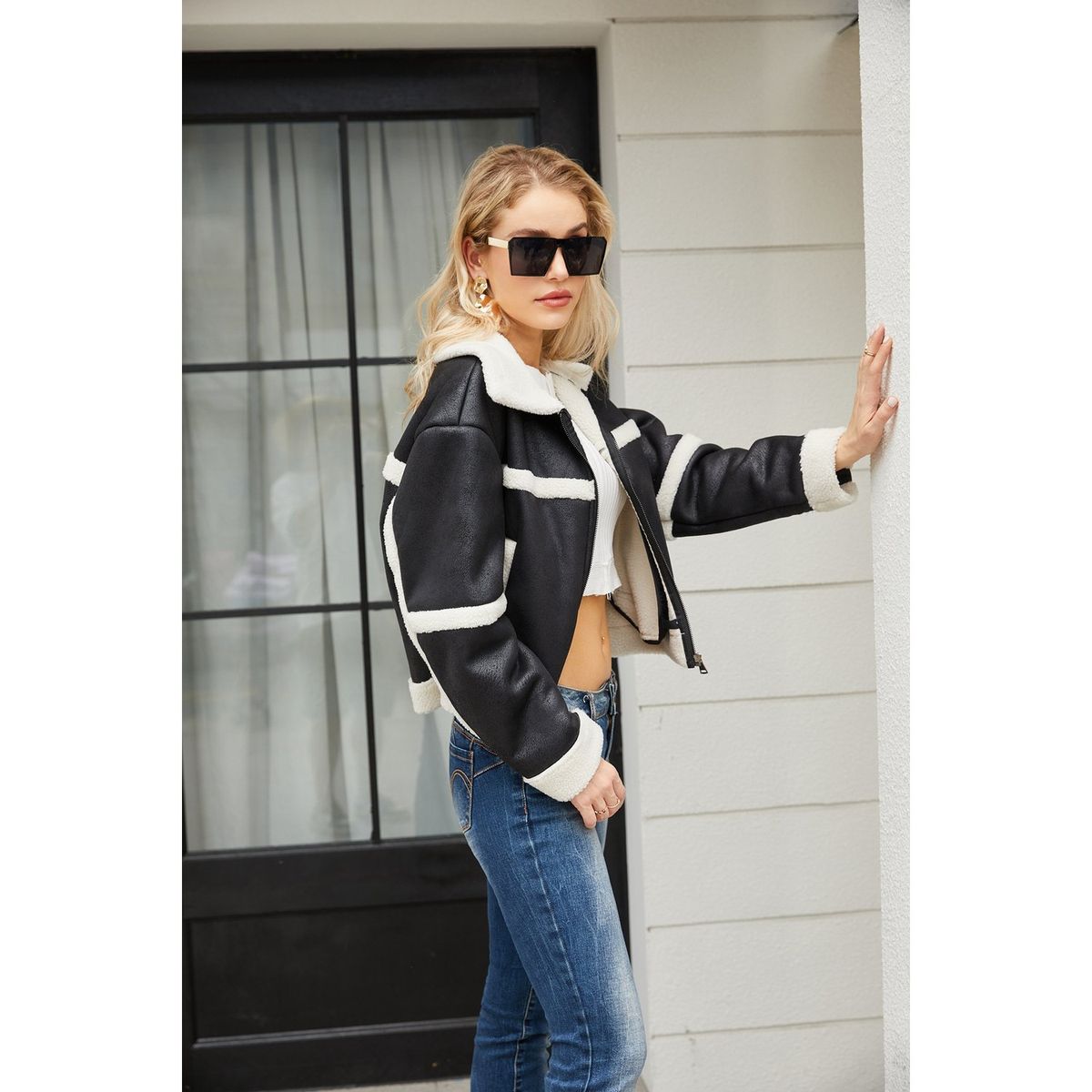 TIOZONEY - Chaqueta de PU acolchada de moda para mujer - Negro