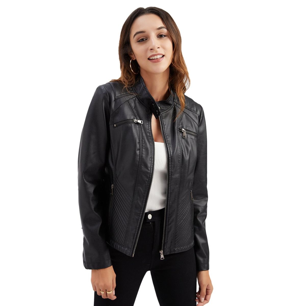 TIOZONEY - Chaqueta de PU casual PU cuello alto - Negro