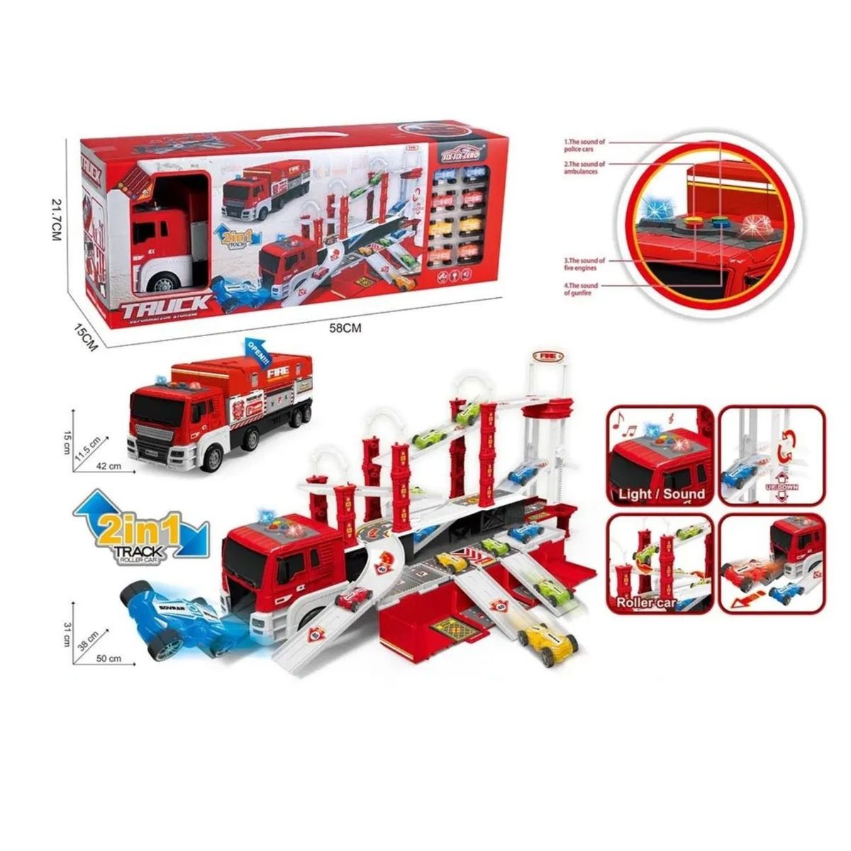 GENERICO - Camión de Bomberos Multifuncional Luz sonido incluye carros