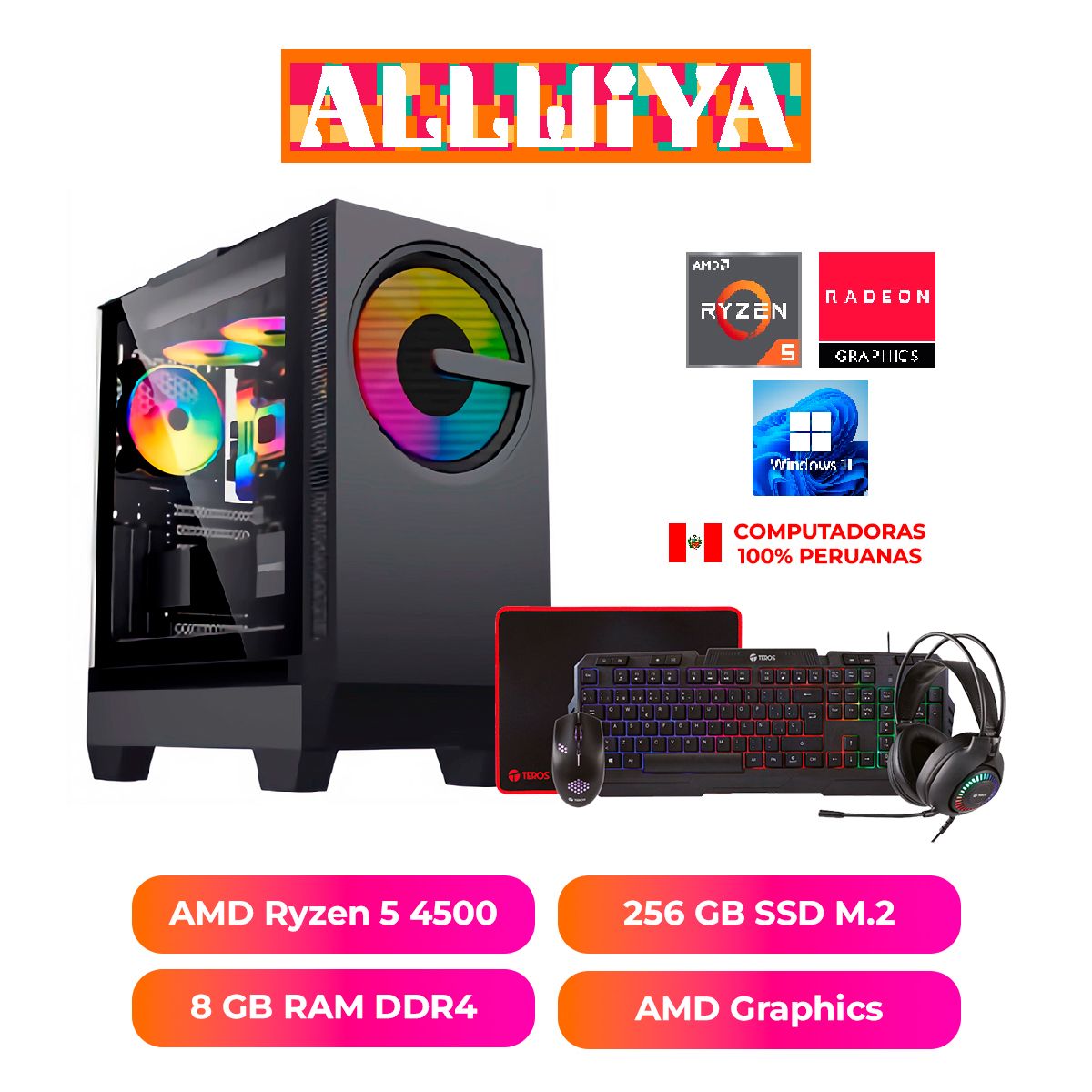 ALLWIYA - PC GAMER ALLWIYA RYZEN 5 4500, 8GB RAM DDR4, 256 GB SSD M.2, COMBO GAMER