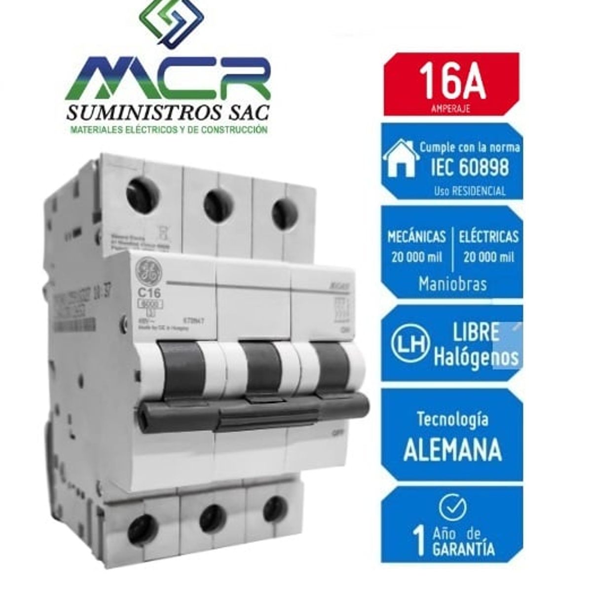 GENERAL ELECTRIC - Interruptor Termomagnético 3X16A GENERAL ELECTRIC