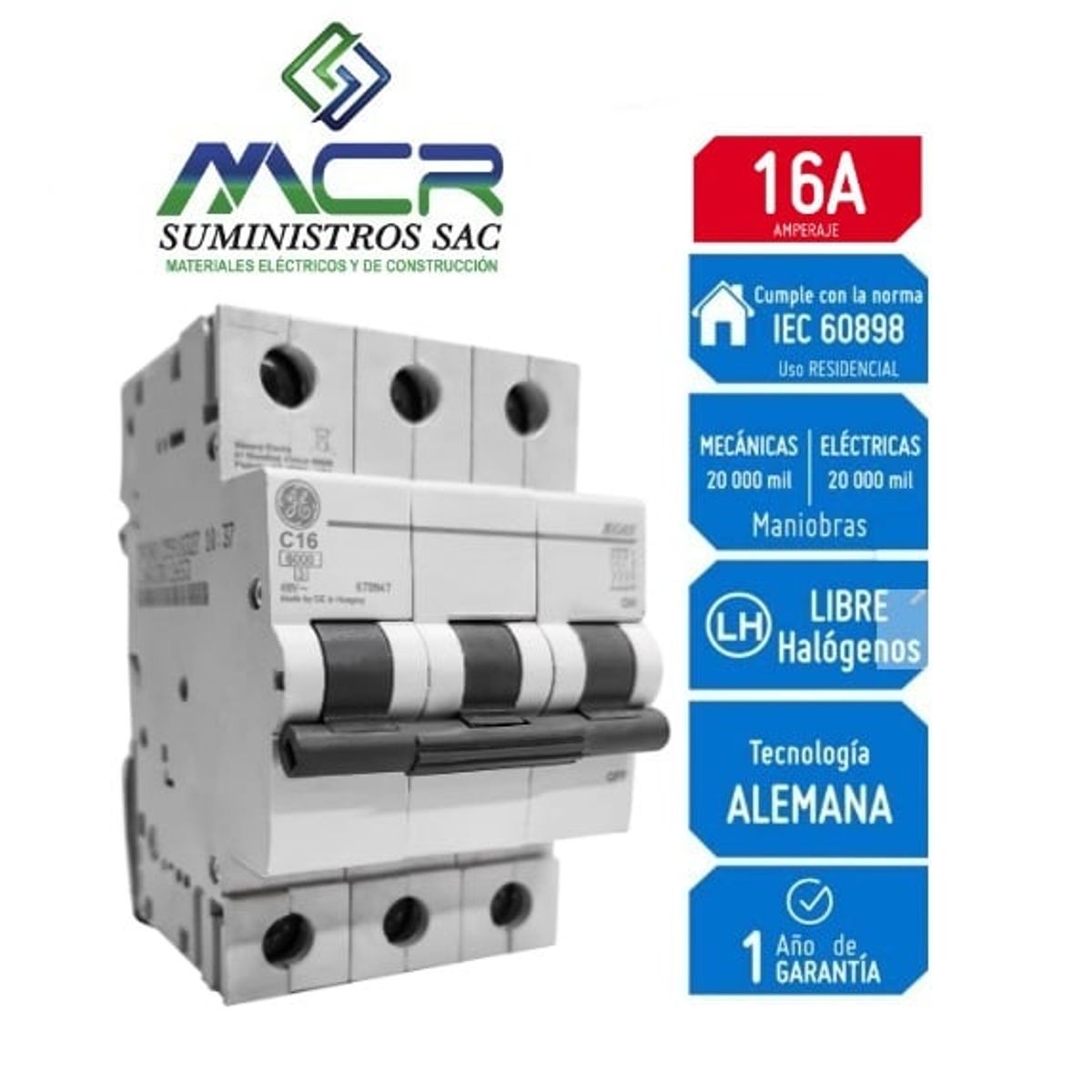 GENERAL ELECTRIC - Interruptor Termomagnético 3X16A GENERAL ELECTRIC