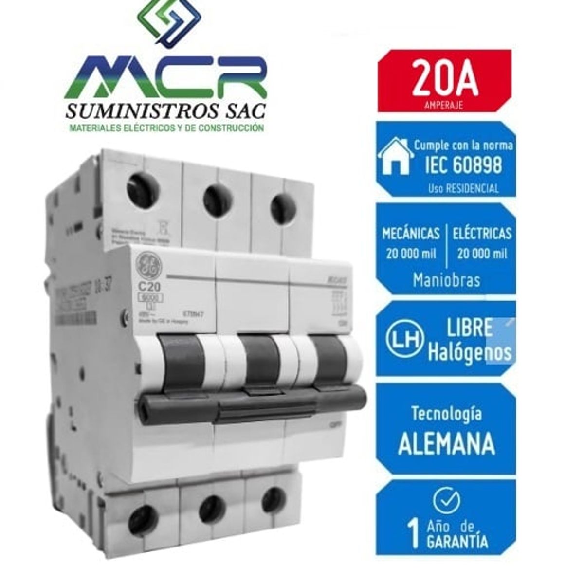 GENERAL ELECTRIC - Interruptor Termomagnético 3X20A GENERAL ELECTRIC