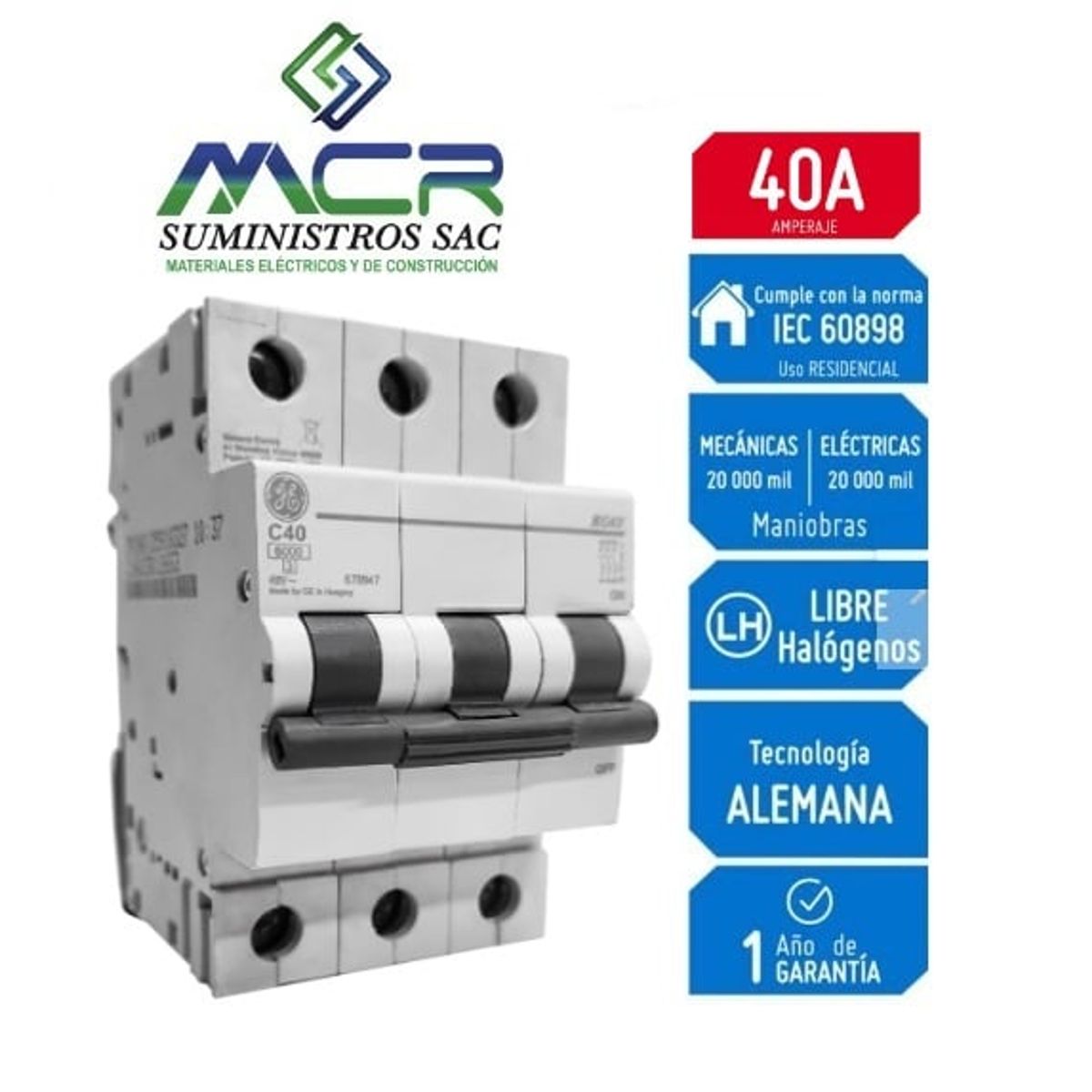 GENERAL ELECTRIC - Interruptor Termomagnético 3X40A GENERAL ELECTRIC