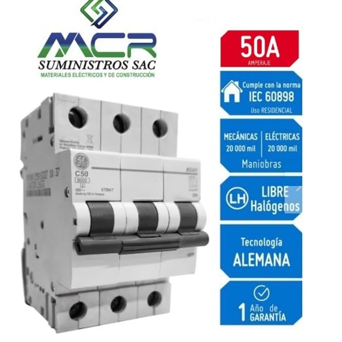 GENERAL ELECTRIC - Interruptor Termomagnético 3X50A GENERAL ELECTRIC