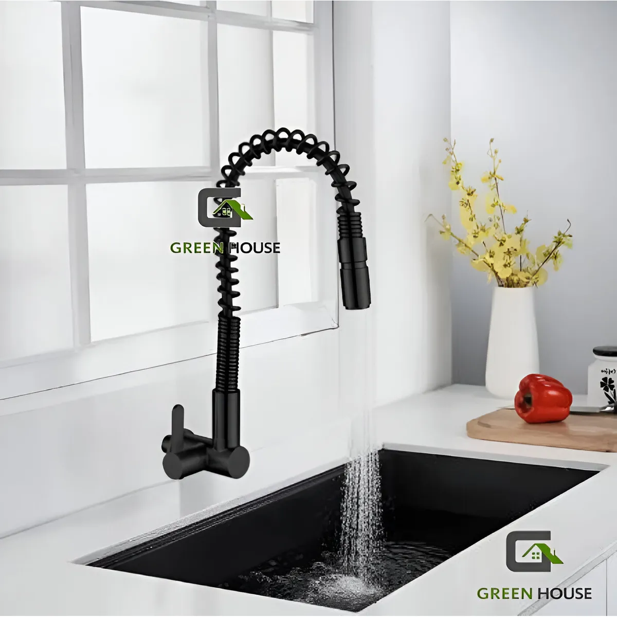 GREEN HOUSE - GRIFERIA  ACERO COCINA NEGRO RESORTE  A LA PARED