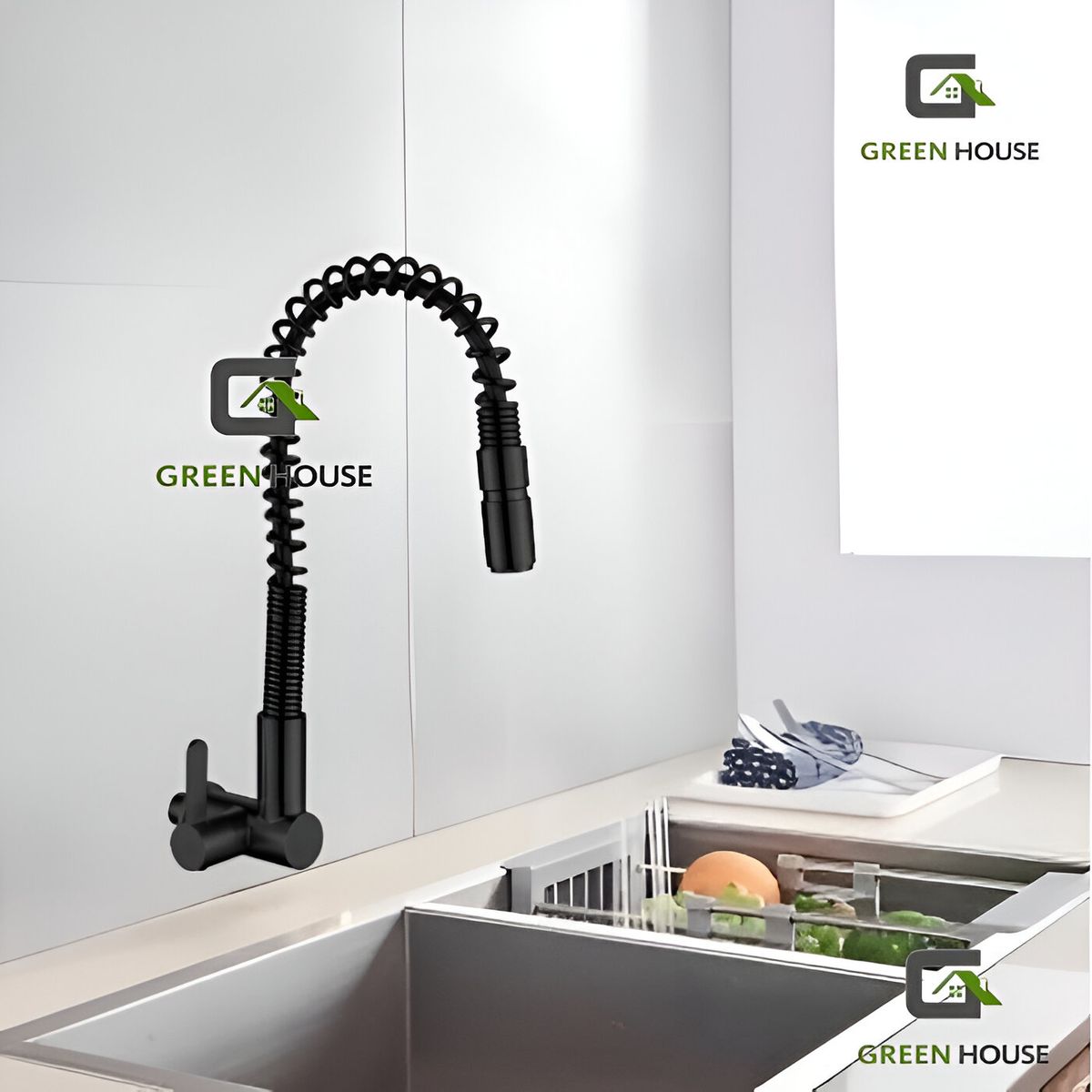 GREEN HOUSE - GRIFERIA  ACERO COCINA NEGRO RESORTE  A LA PARED