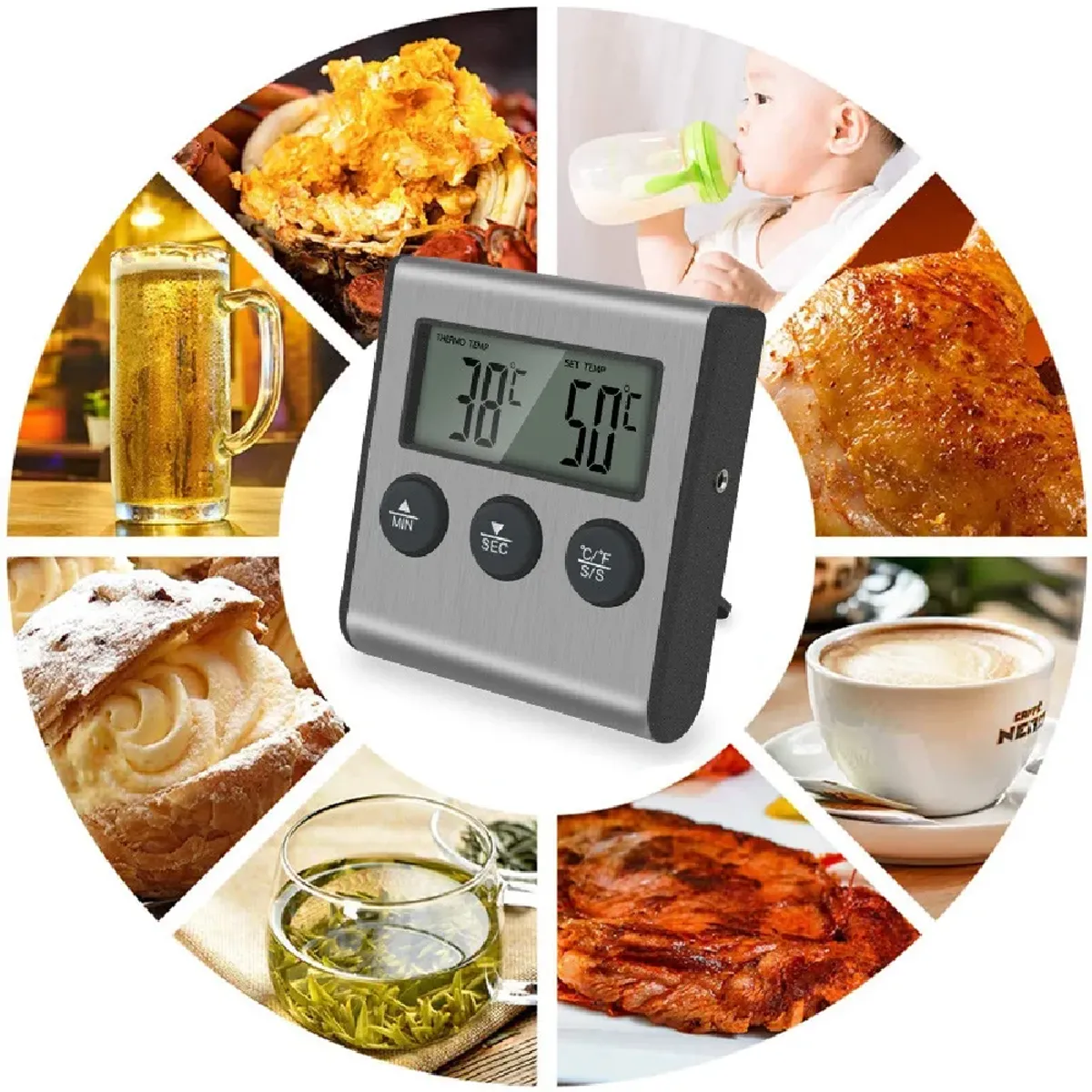 OEM - Termómetro Digital de Cocina con Sonda Alarma y Temporizador - TP700