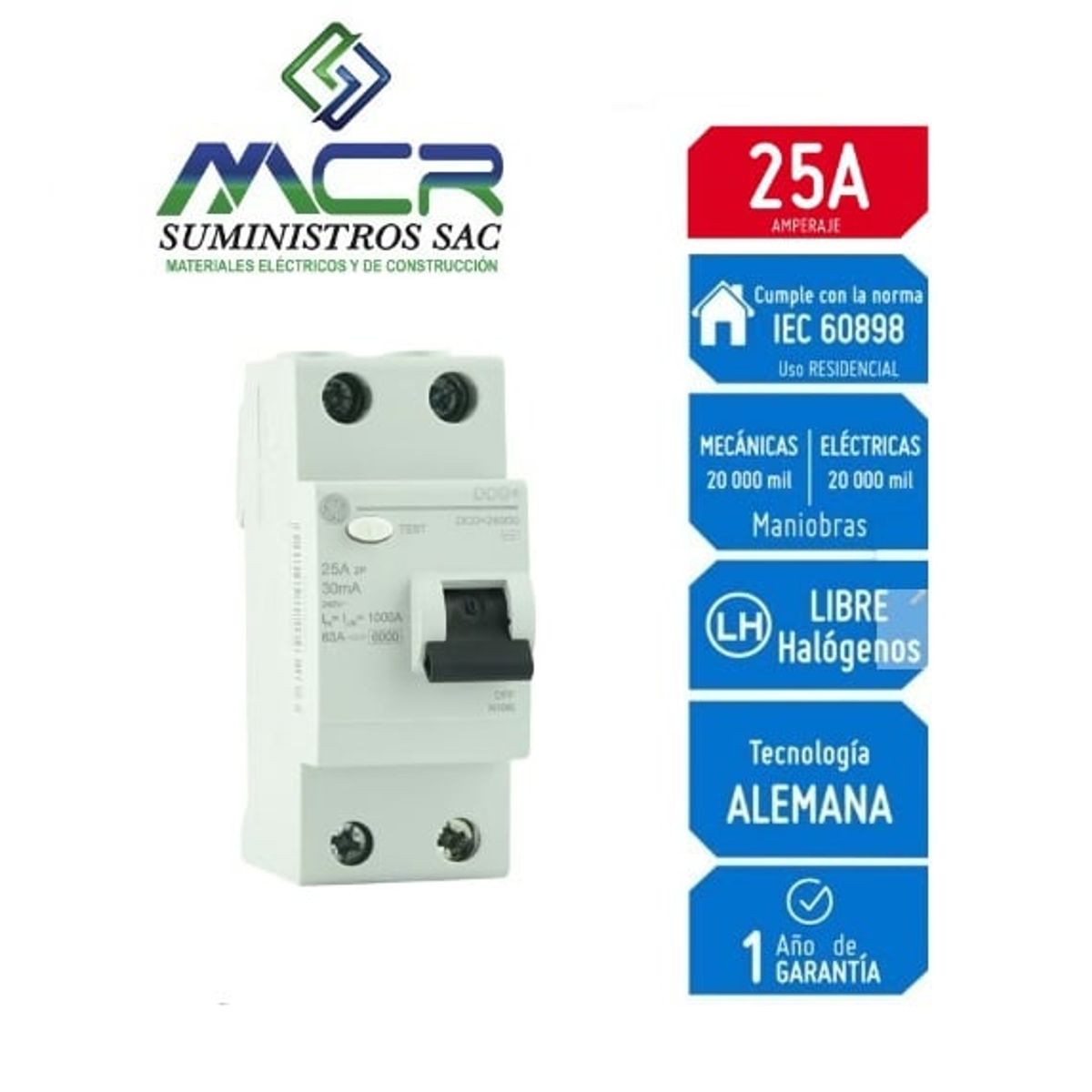 GENERAL ELECTRIC - Interruptor Diferencial 2x25A GENERAL ELECTRIC