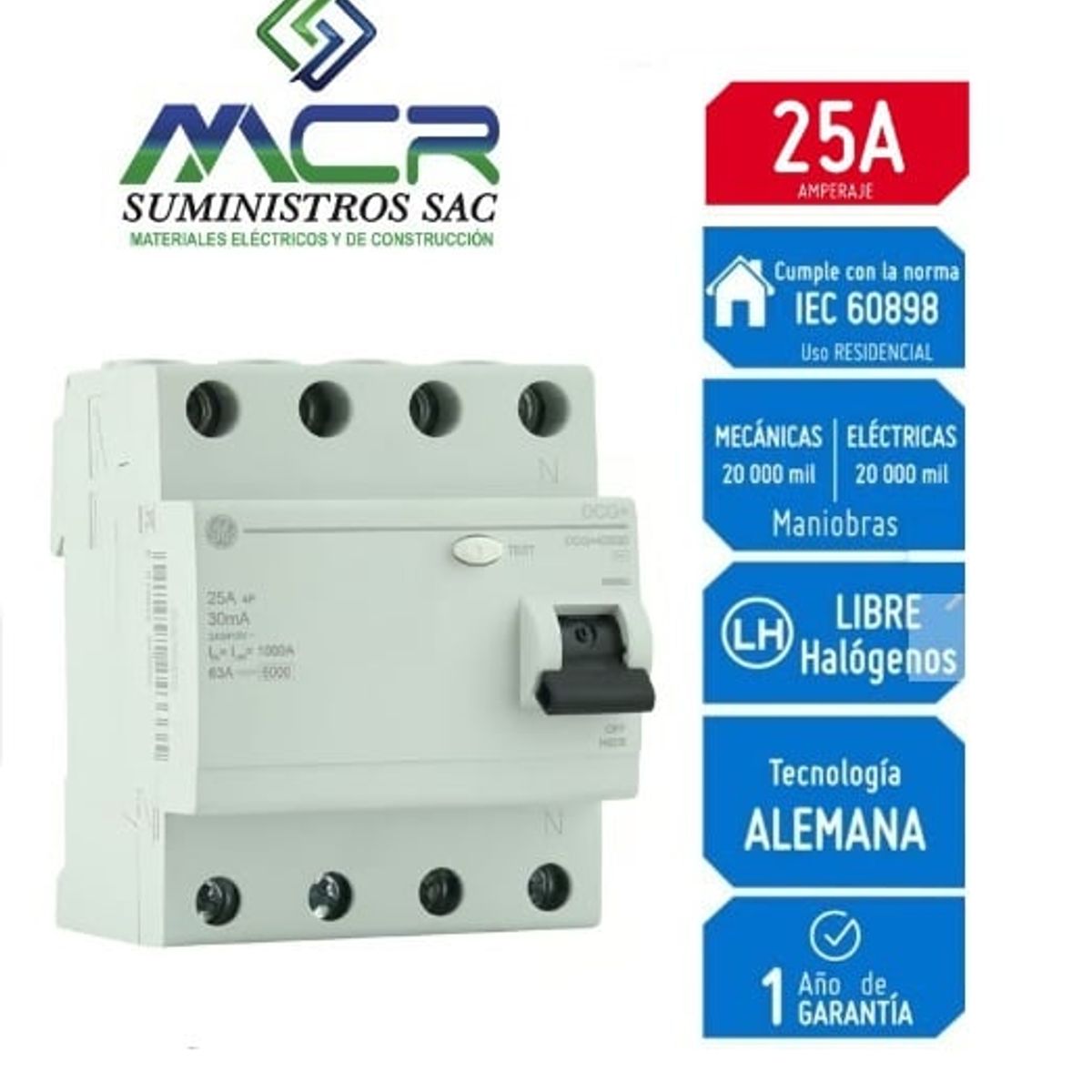 GENERAL ELECTRIC - Interruptor Diferencial 4x25A GENERAL ELECTRIC