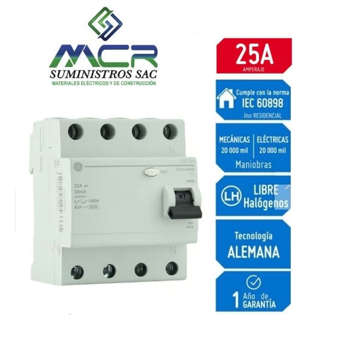 GENERAL ELECTRIC - Interruptor Diferencial 4x25A GENERAL ELECTRIC