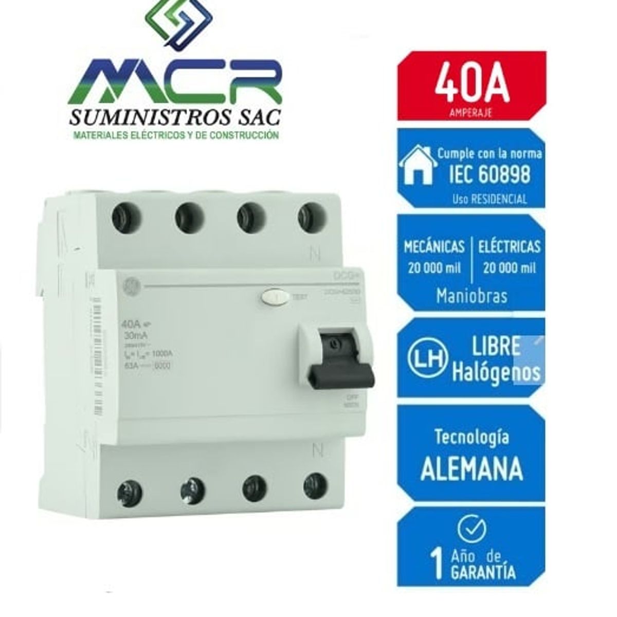 GENERAL ELECTRIC - Interruptor Diferencial 4x40A GENERAL ELECTRIC