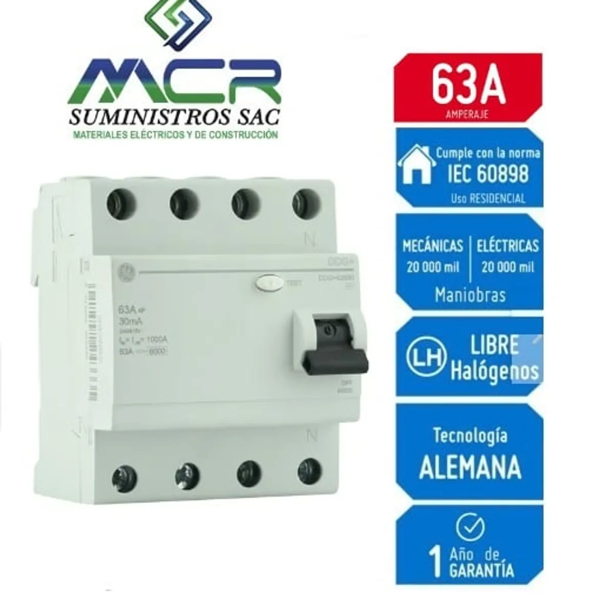 GENERAL ELECTRIC - Interruptor Diferencial 4x63A GENERAL ELECTRIC