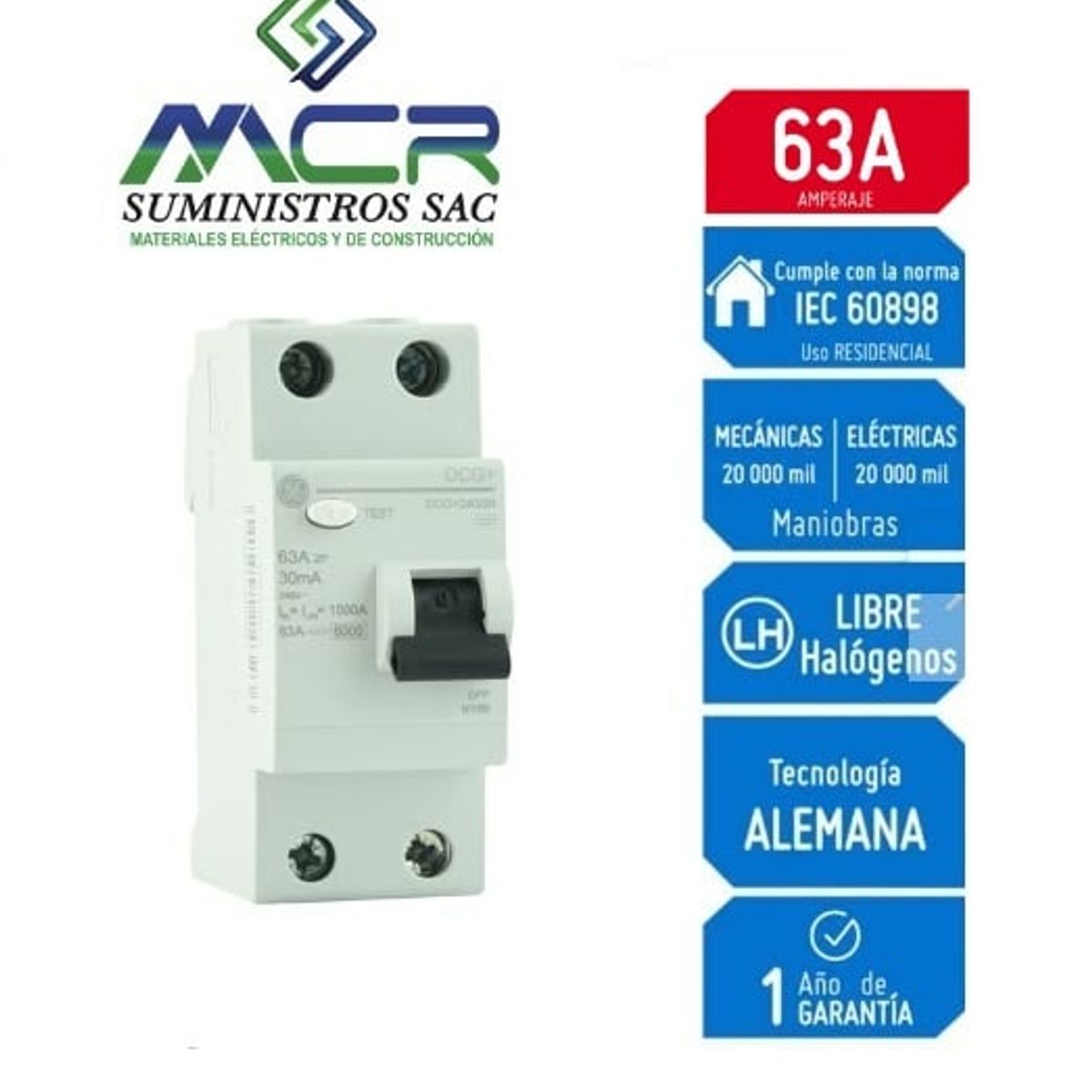 GENERAL ELECTRIC - Interruptor Diferencial 2x63A GENERAL ELECTRIC