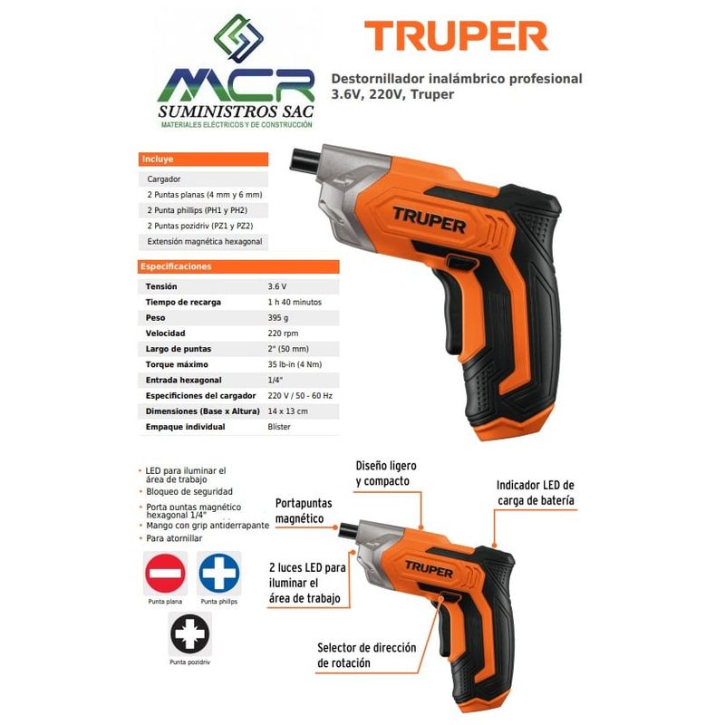 TRUPER - Destornillador inalámbrico profesional 36V 220V 102465 Truper