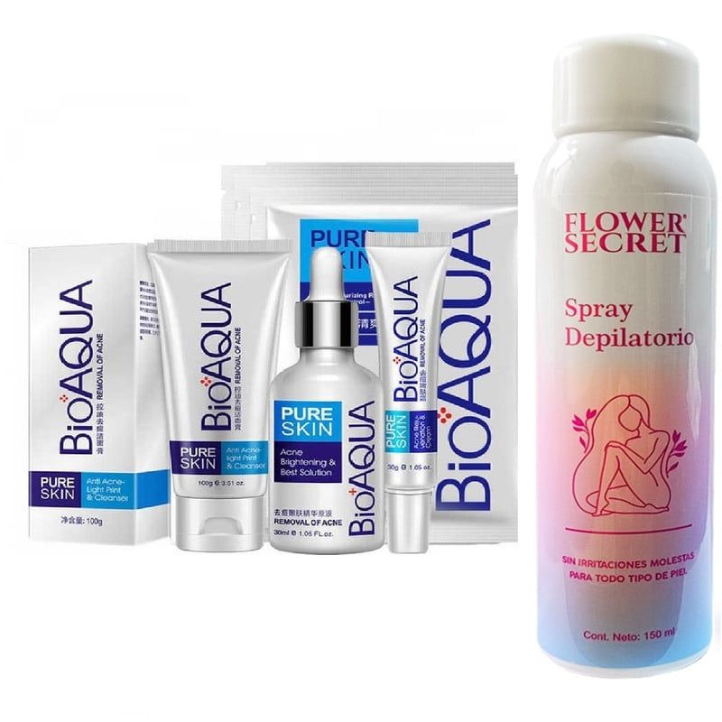BIOAQUA - PACK CREMA DEPILADORA SPRAY Y BIOAQUA PURE SKIN 4 PIEZAS ANTIACNE