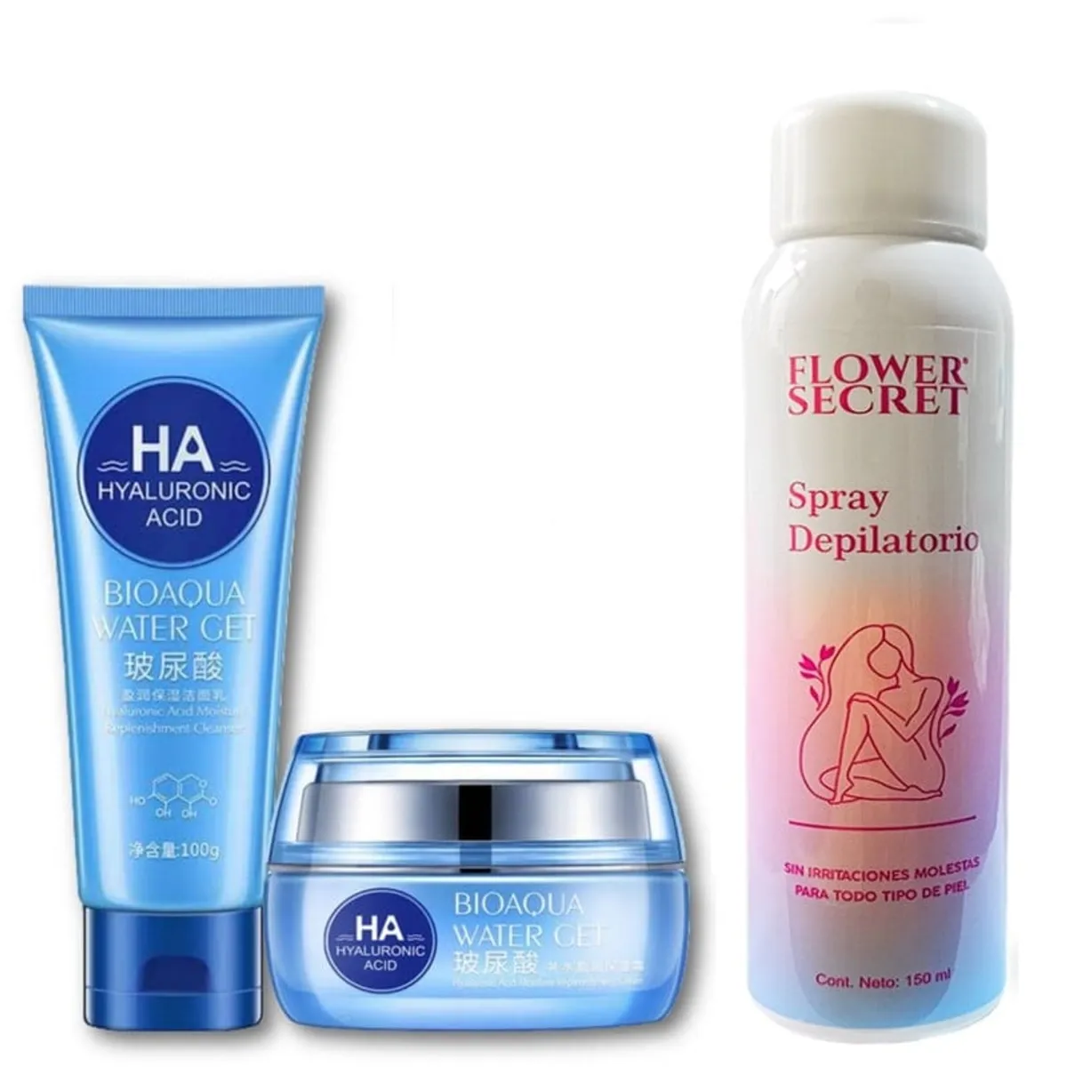 BIOAQUA - PACK CREMA DEPILADORA SPRAY CREMA HIDRATANTE Y LIMPIADOR FACIAL