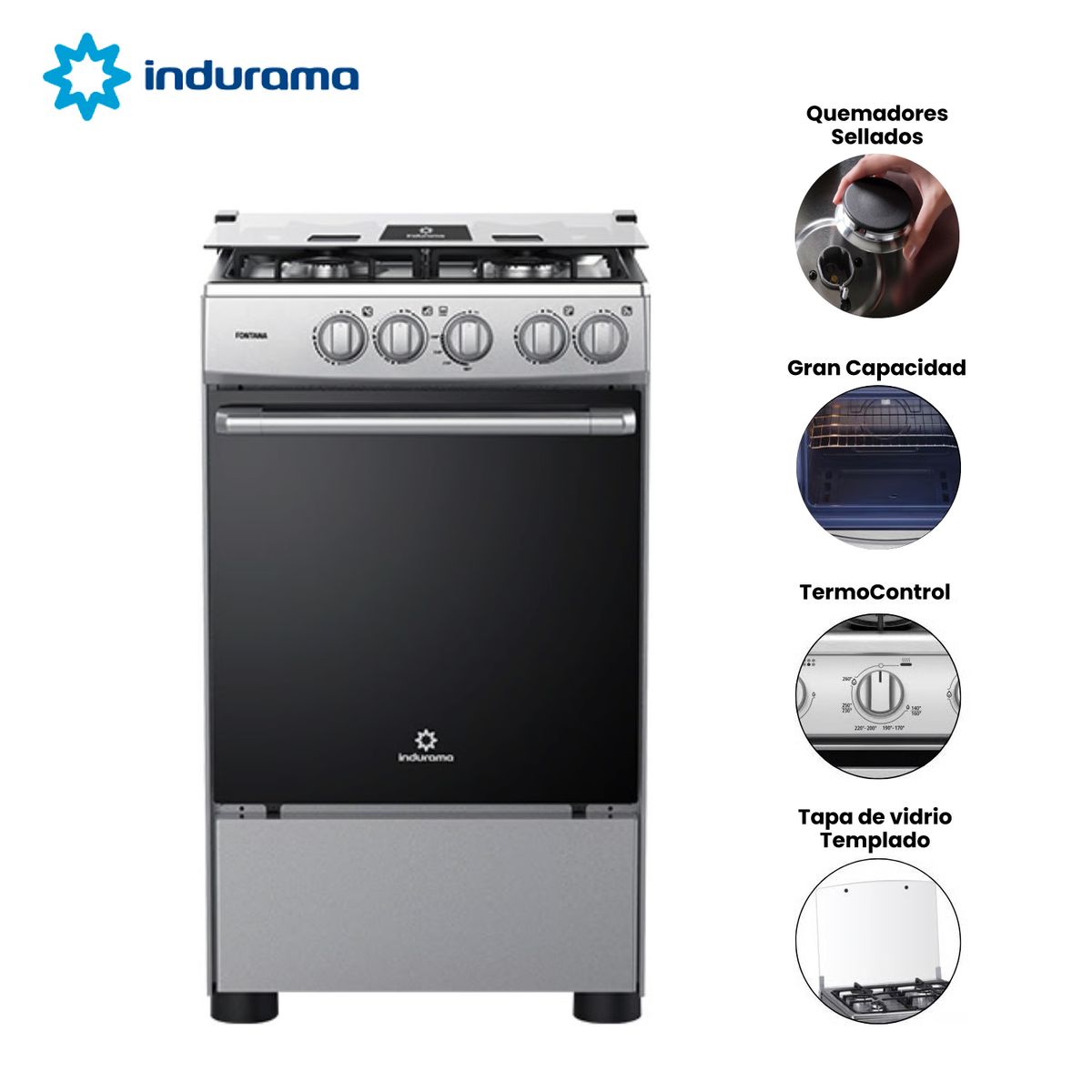 INDURAMA - Cocina Indurama FONTANA a Gas de 4 Hornillas - Gris