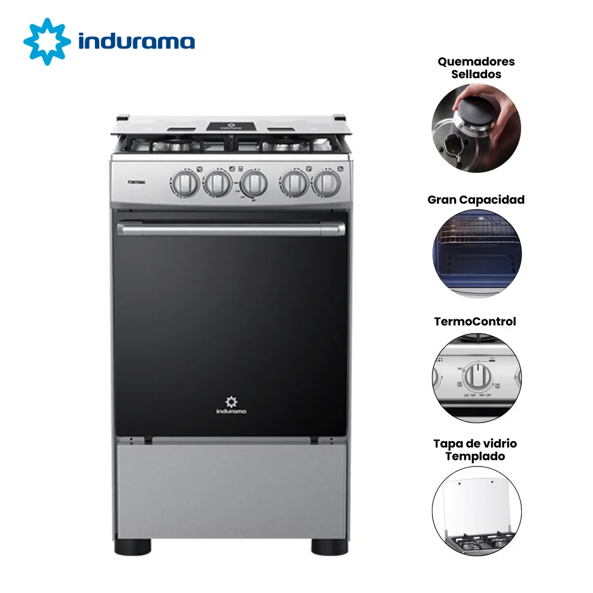 INDURAMA - Cocina Indurama FONTANA a Gas de 4 Hornillas - Gris