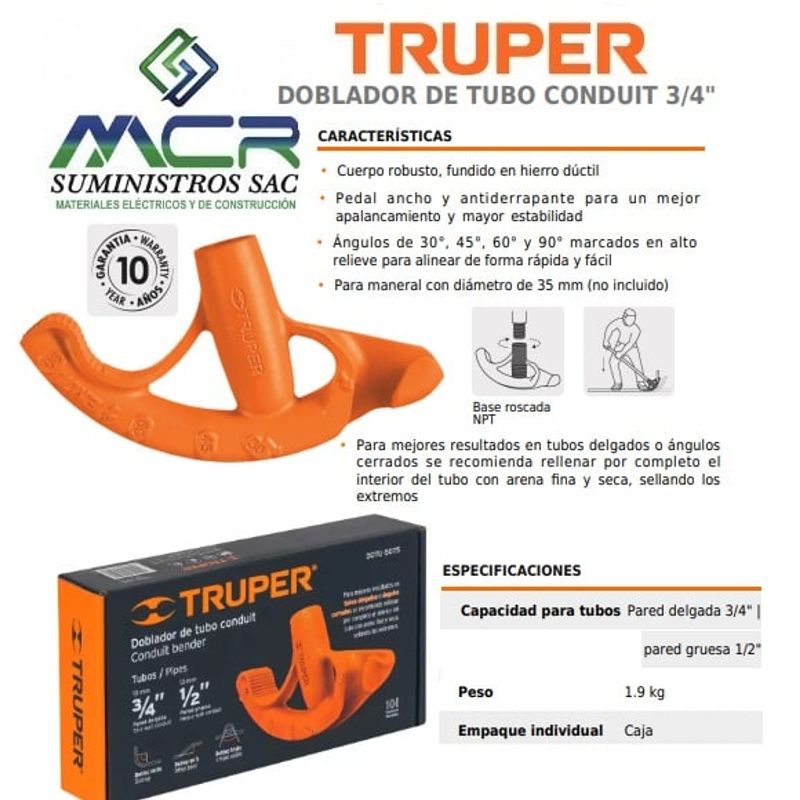 TRUPER - DOBLADOR DE TUBO CONDUIT 34 pulgada y 12 pulgada TRUPER