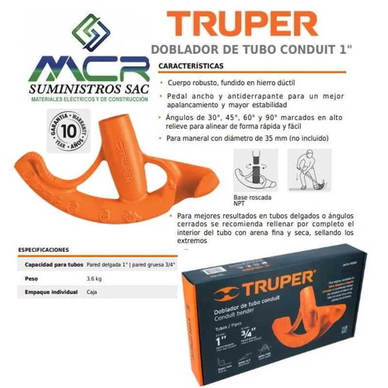 TRUPER - DOBLADOR DE TUBO CONDUIT 1 pulgada TRUPER