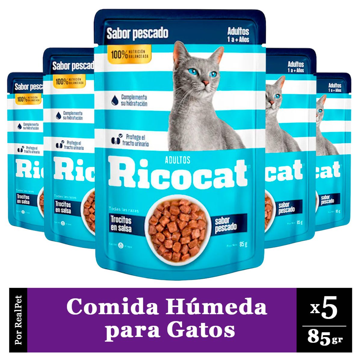 RICOCAT - Pack x5 Comida Húmeda de Gato Ricocat Trocitos Pescado 85gr