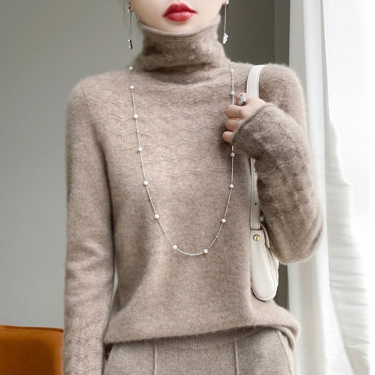 TIOZONEY - Suéter de cuello alto de Cachemira -Marrón