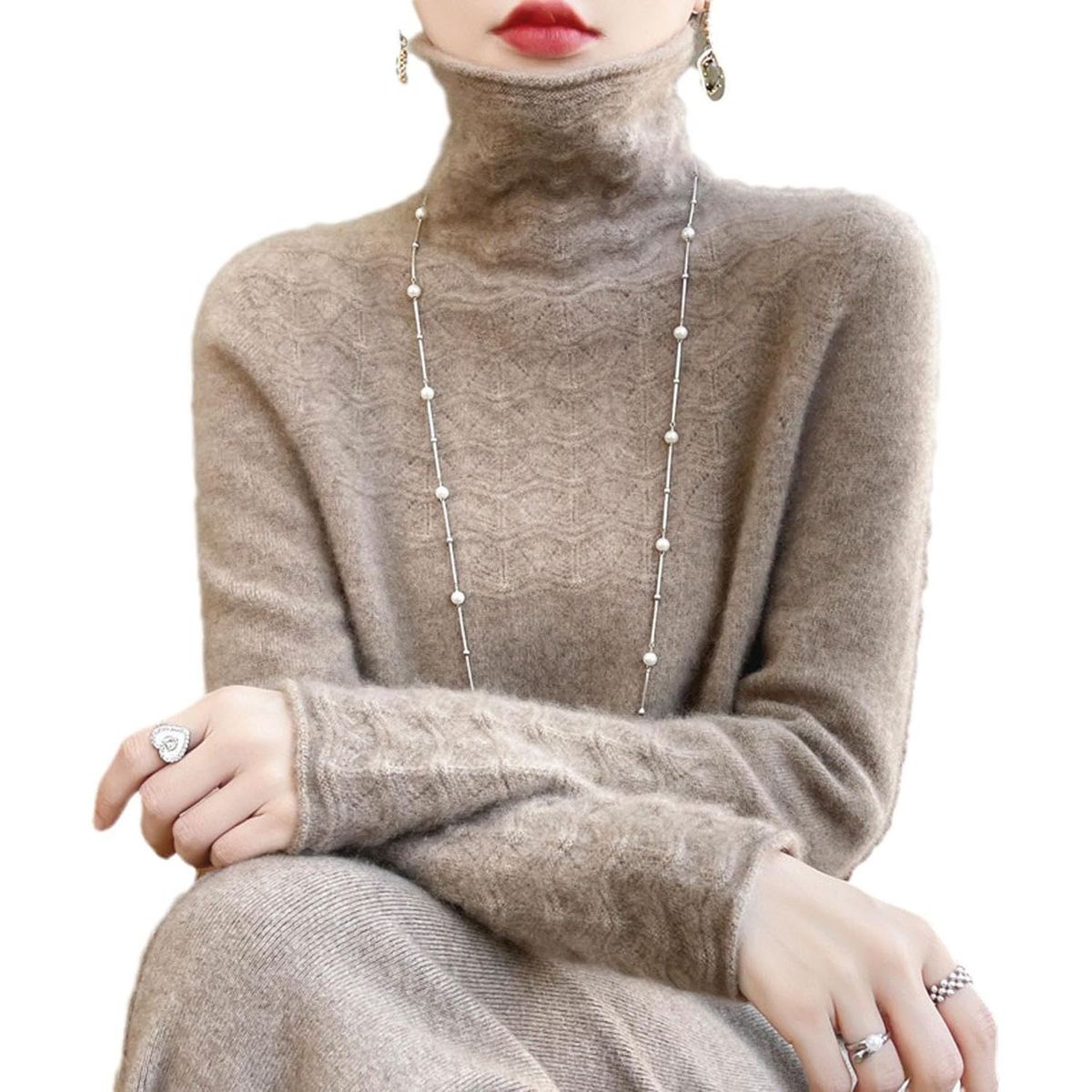 TIOZONEY - Suéter de cuello alto de Cachemira -Marrón