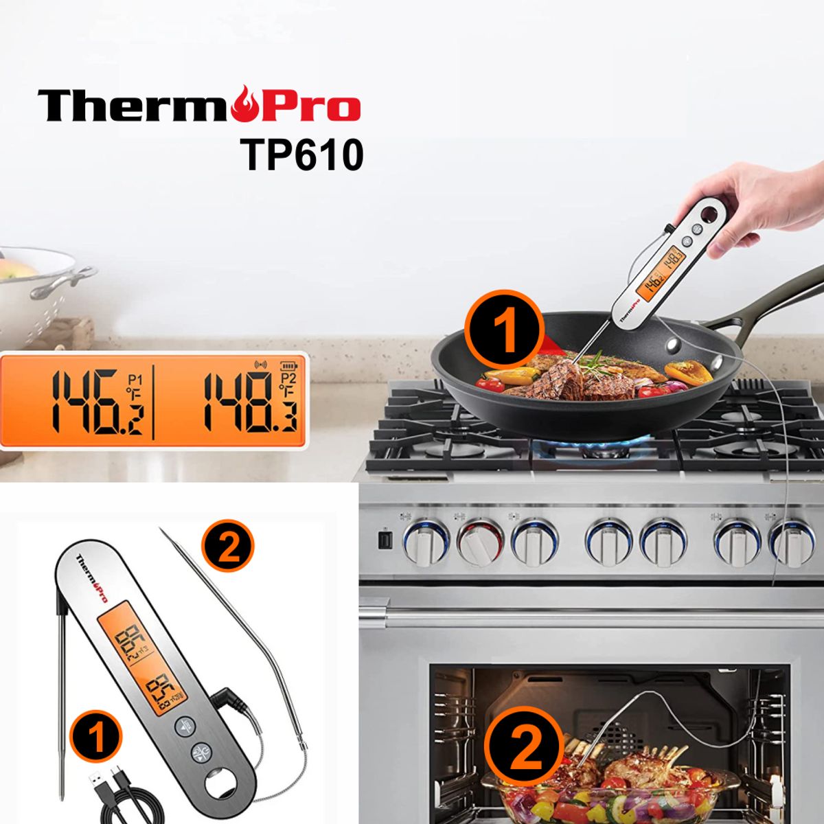 THERMOPRO - Termómetro de cocina digital Thermopro TP610 dual recargable IPX5