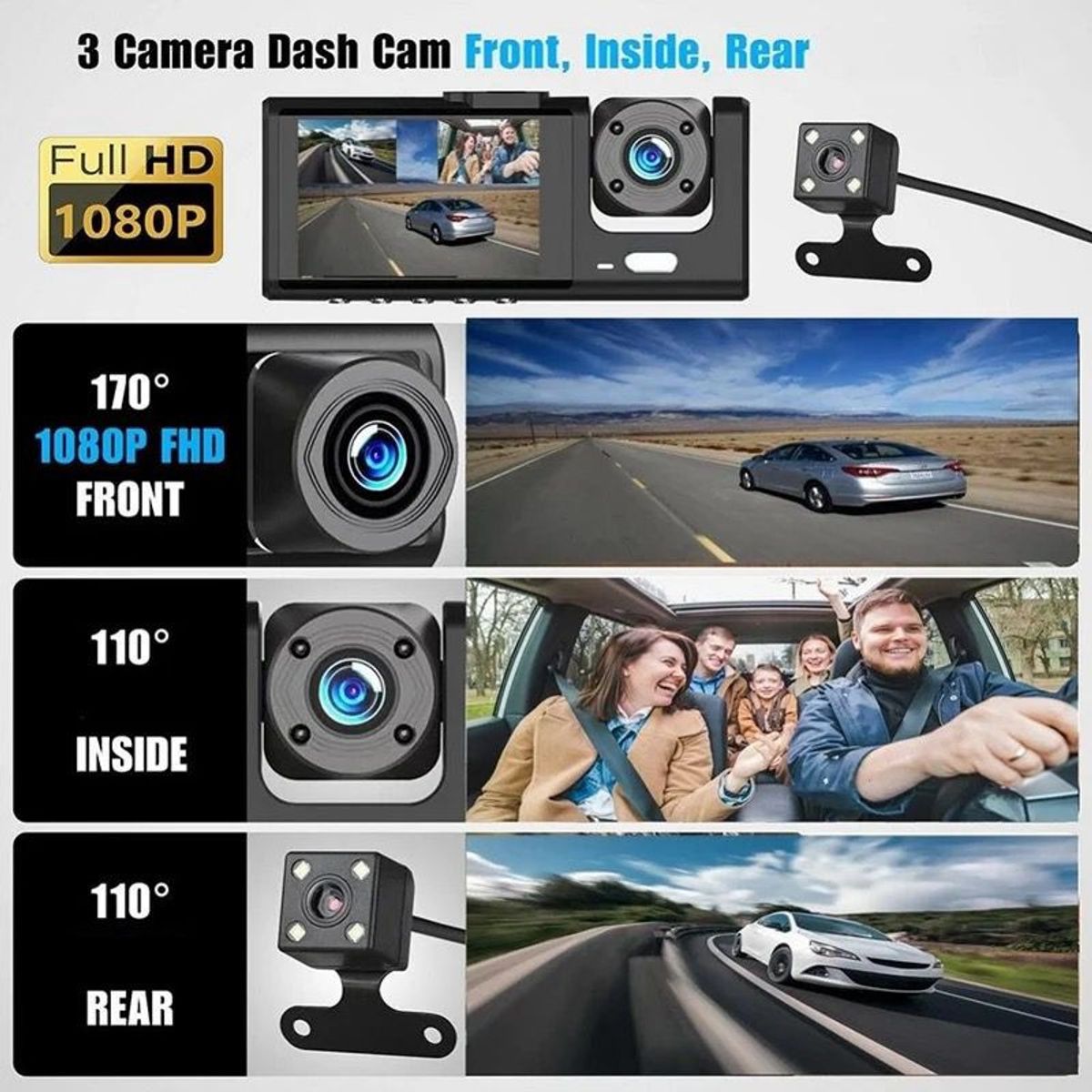 MN ELECTRONICS - Cámara de Auto Triple Frontal Espejo Retroceso