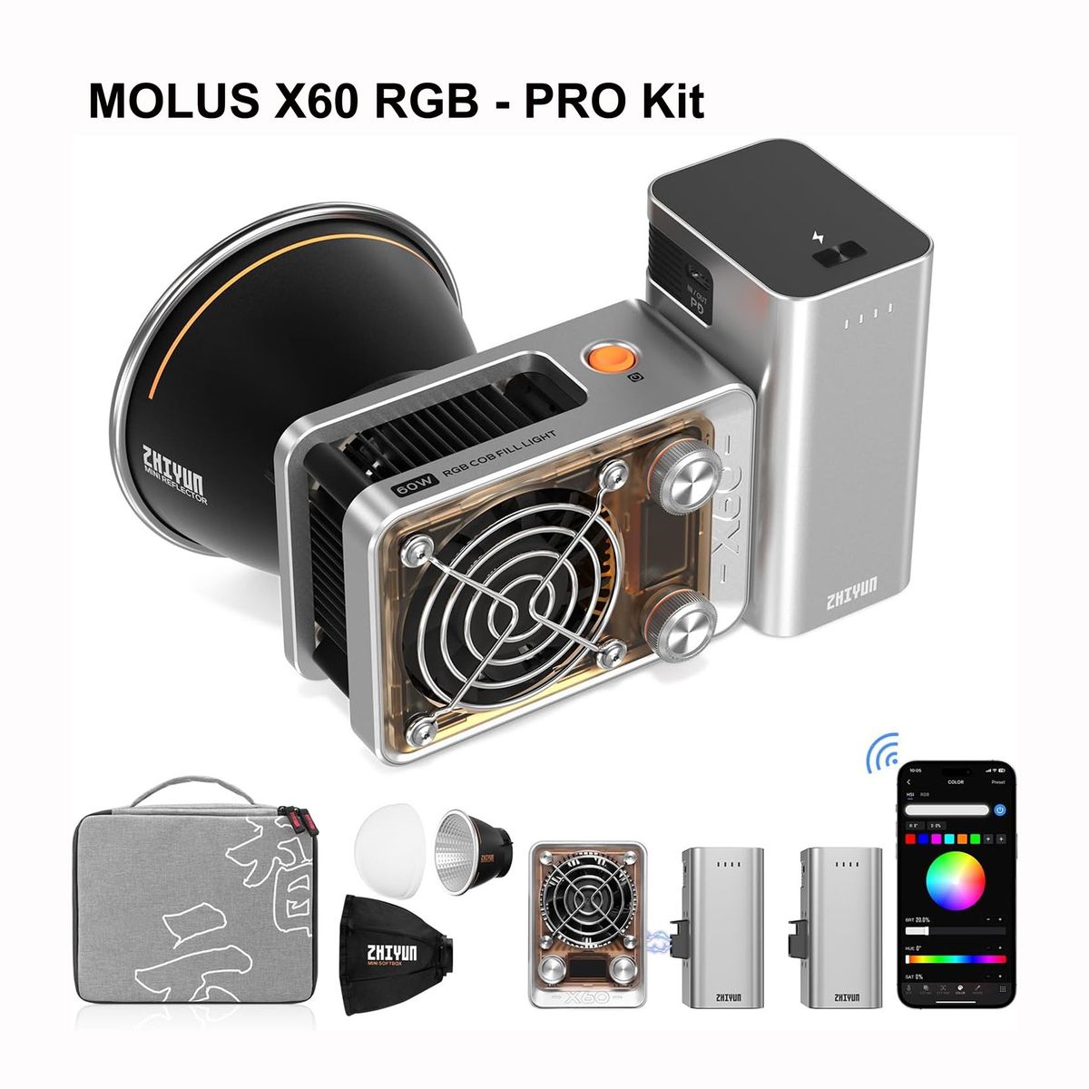 ZHIYUN - Zhiyun Molus X60 RGB Luz de video COB de 60W Montaje Bowens - PRO Kit