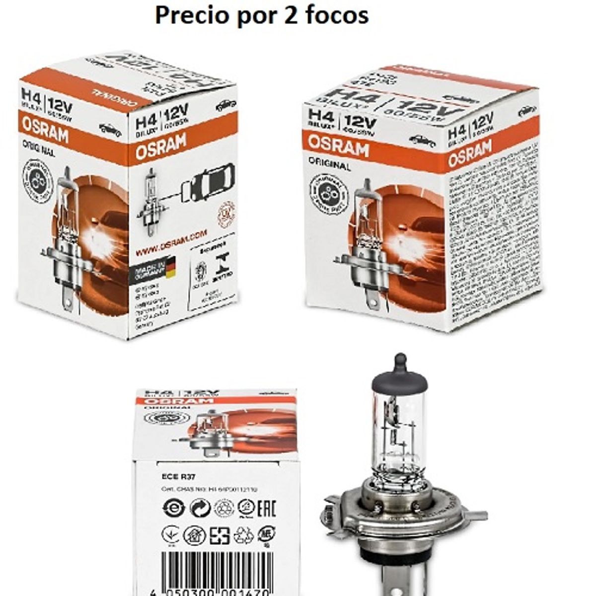 OSRAM - Foco H4 2 Unidades  Halógeno 12V 60/55W P43t