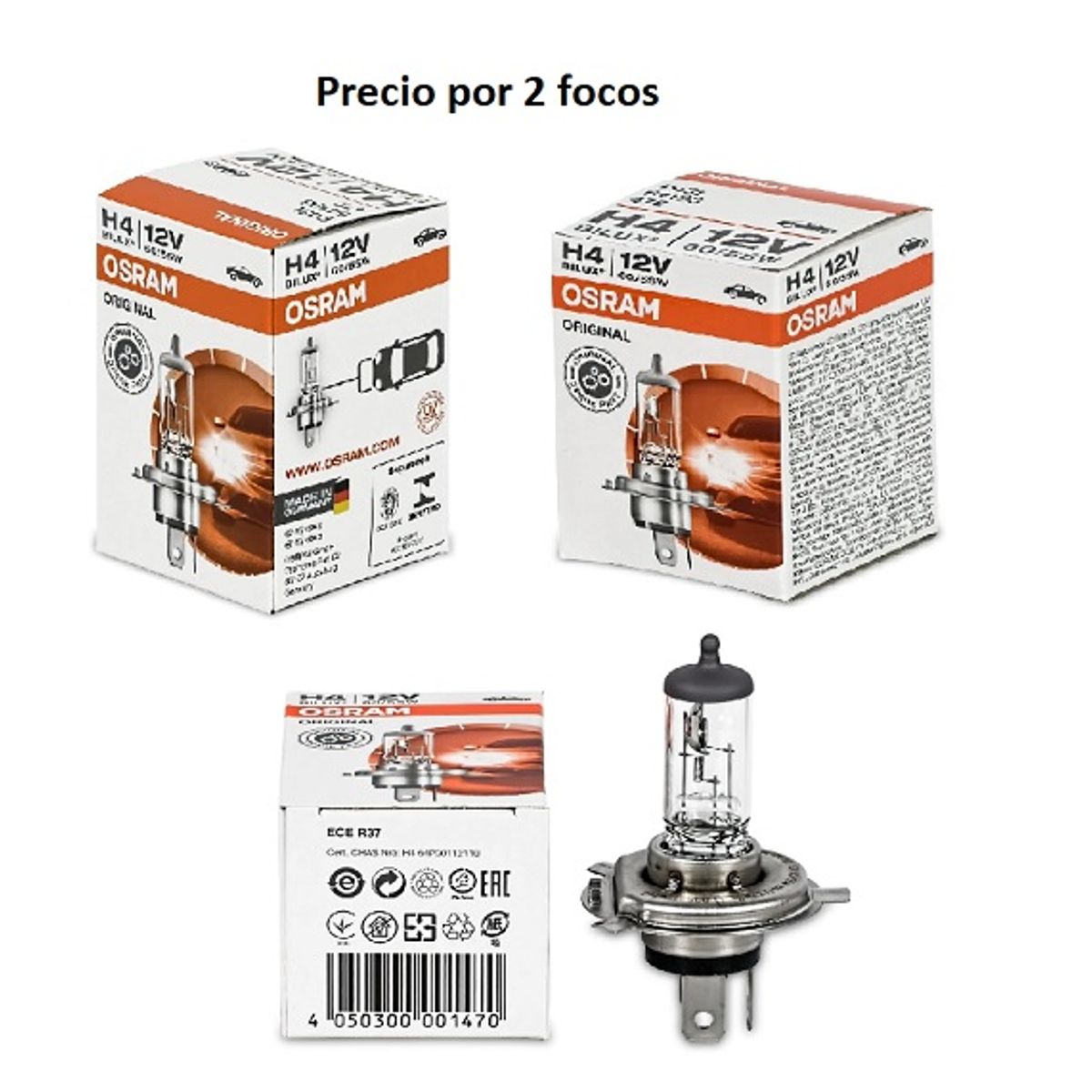 OSRAM - Foco H4 2 Unidades  Halógeno 12V 60/55W P43t
