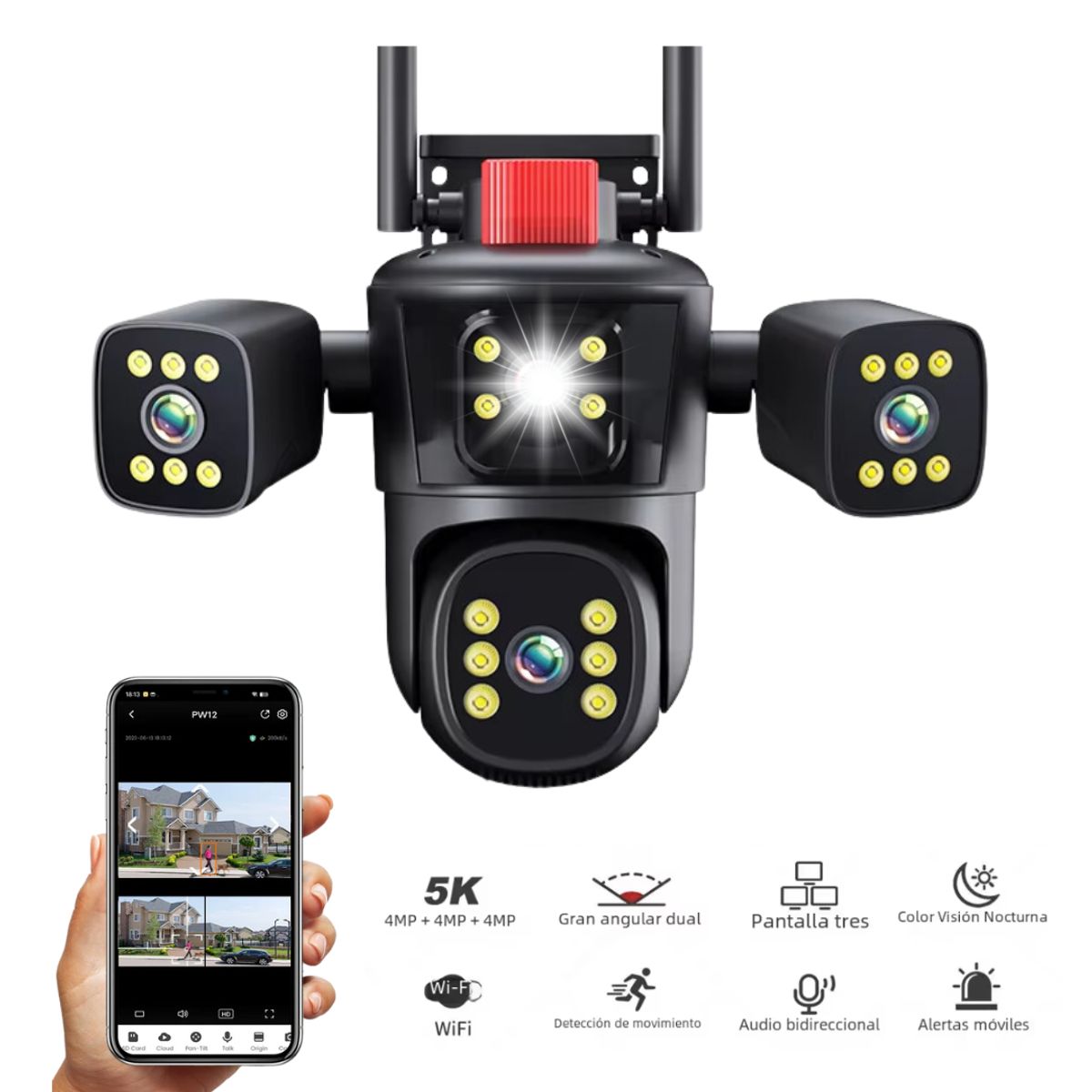 SEISA - Cámara de Seguridad de 3 Lentes Wifi IP66 Sirena Visión Nocturna LANTUN 849-2-W