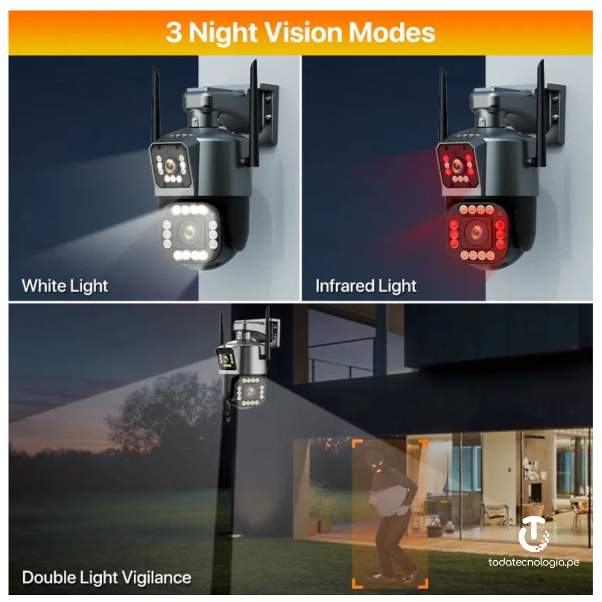GENERICO - Cámara de Seguridad de 3 Lentes IP66  Wifi Sirena Visión Nocturna LANTUN 839F-2