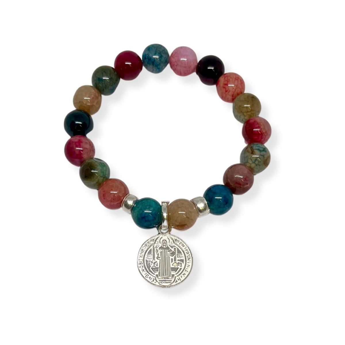 SANTORAL - Pulsera Agatas con Medalla de San Benito - Piedra y Plata