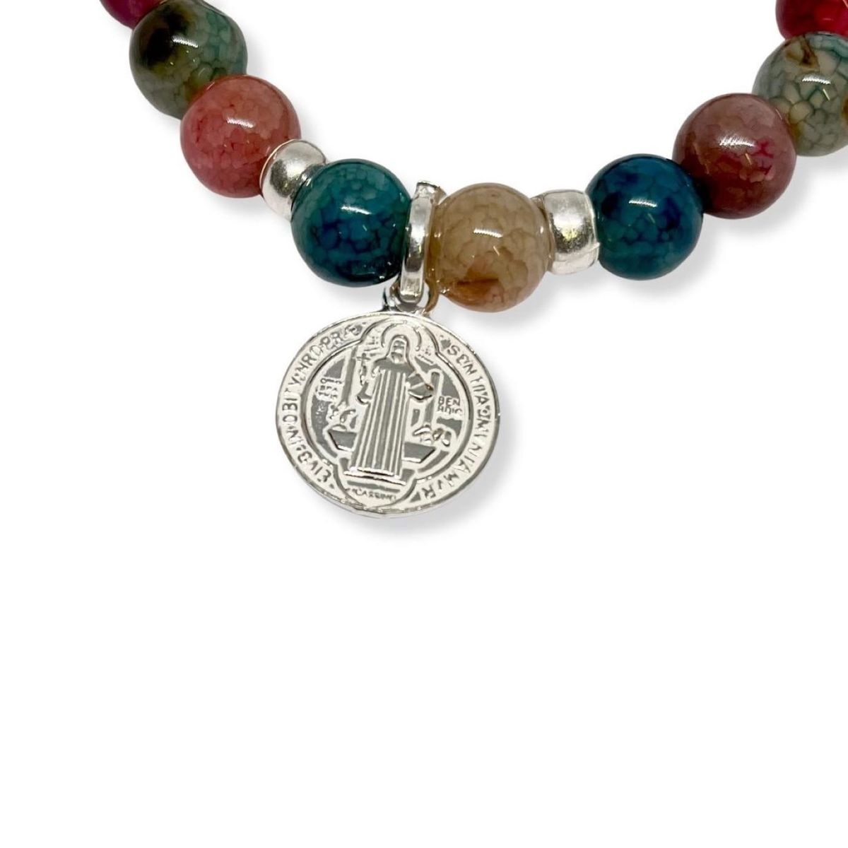 SANTORAL - Pulsera Agatas con Medalla de San Benito - Piedra y Plata