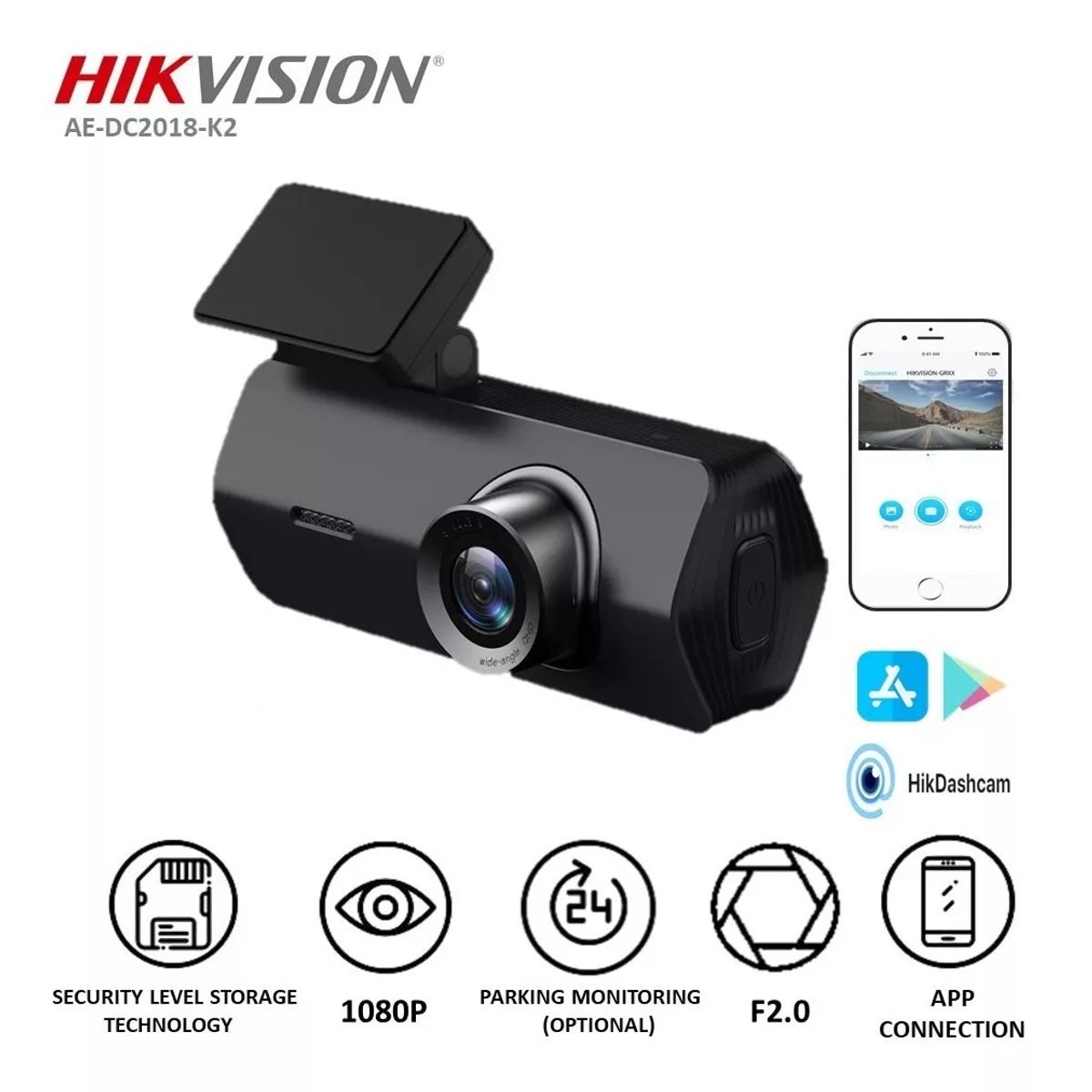 HIKVISION - Cámara Vehículos dash Cam k2Full HDWi-FiNocturnaAE-DC2018-K2 Hikvision
