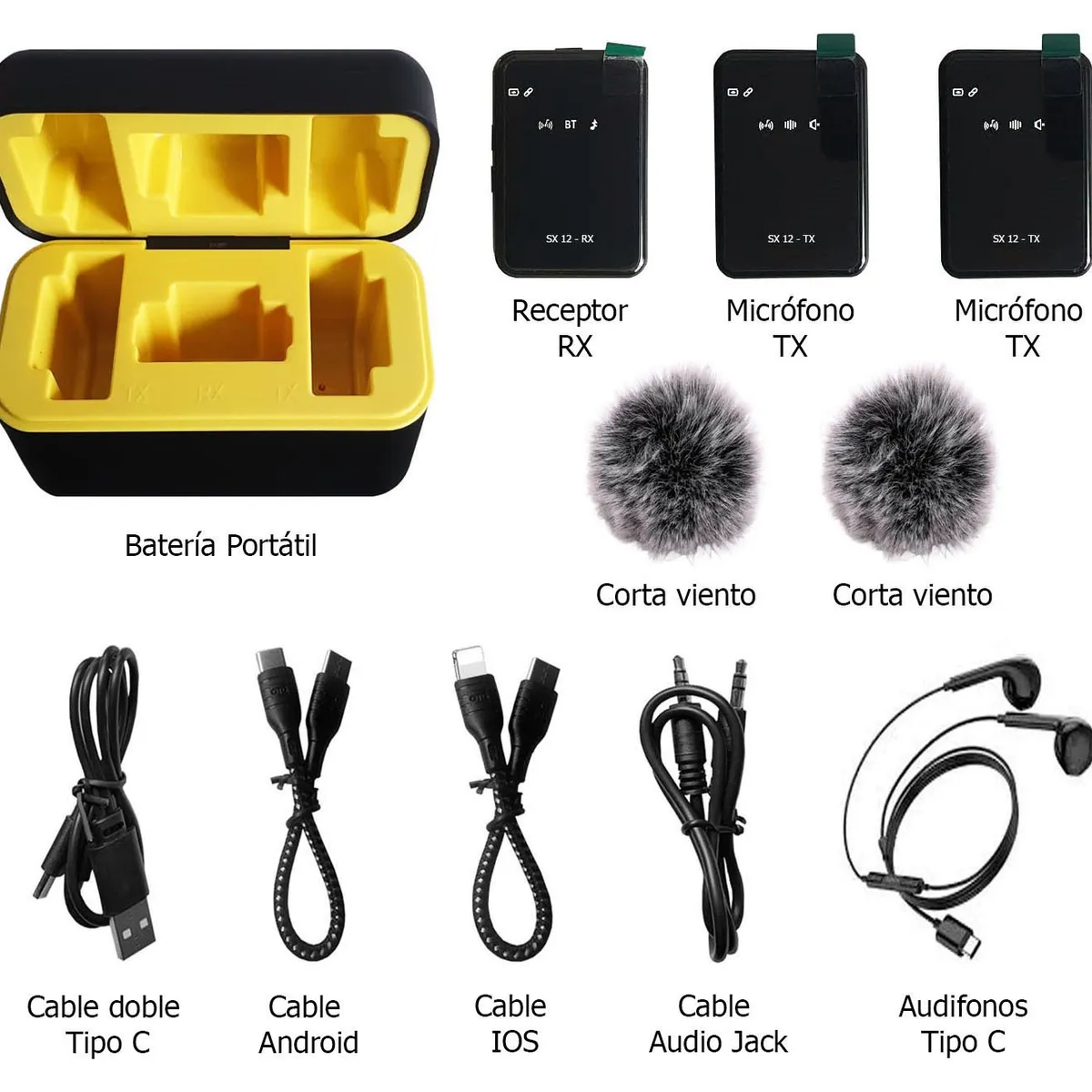 NANOTRON TECHNOLOGIES - Micrófonos Inalámbricos Dual SX12 3 en 1 Tipo C, iPhone y cámara DSLR