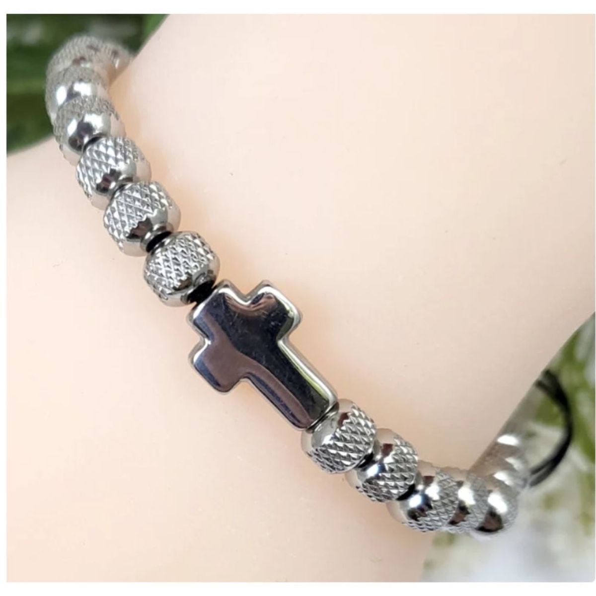 GENERICO - Pulsera Cruz de Cuentas de Acero Inoxidable Hombres Mujeres Cadena