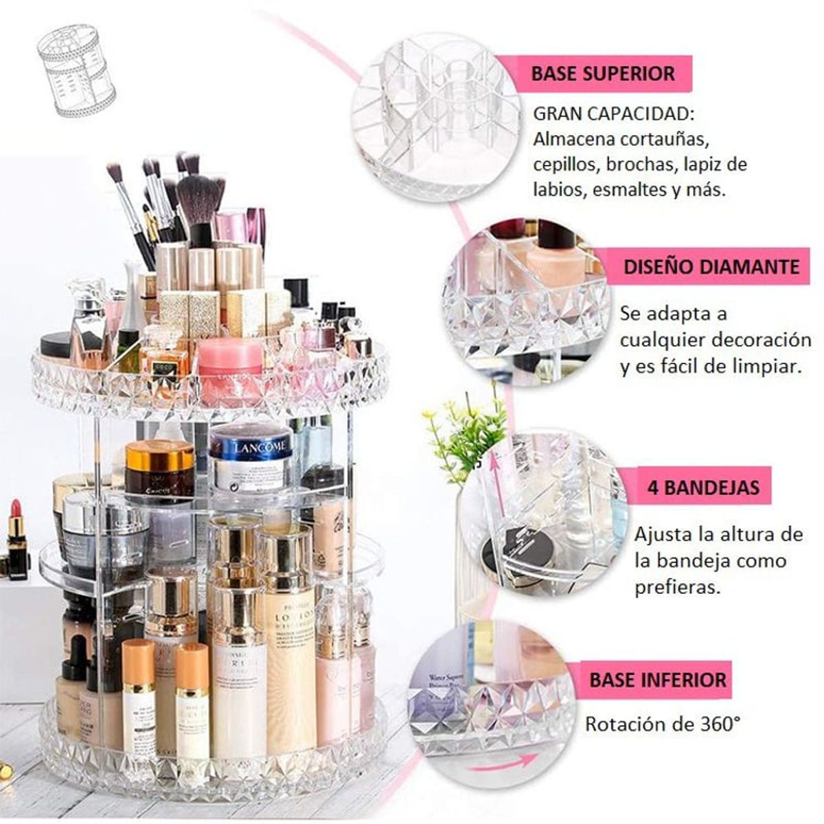 GENERICO - Organizador de Maquillaje Acrílico Transparente Giro de 360 grado