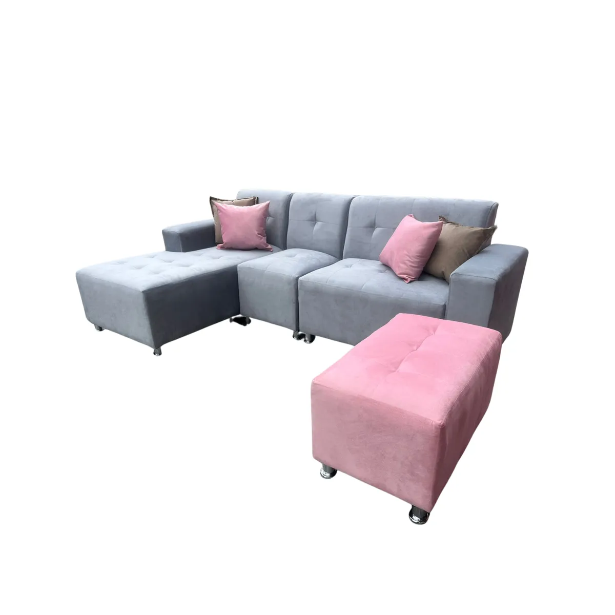 AMOBLART - seccional L CAMA 4PIEZAS + 4COJINES COLOR PLATA