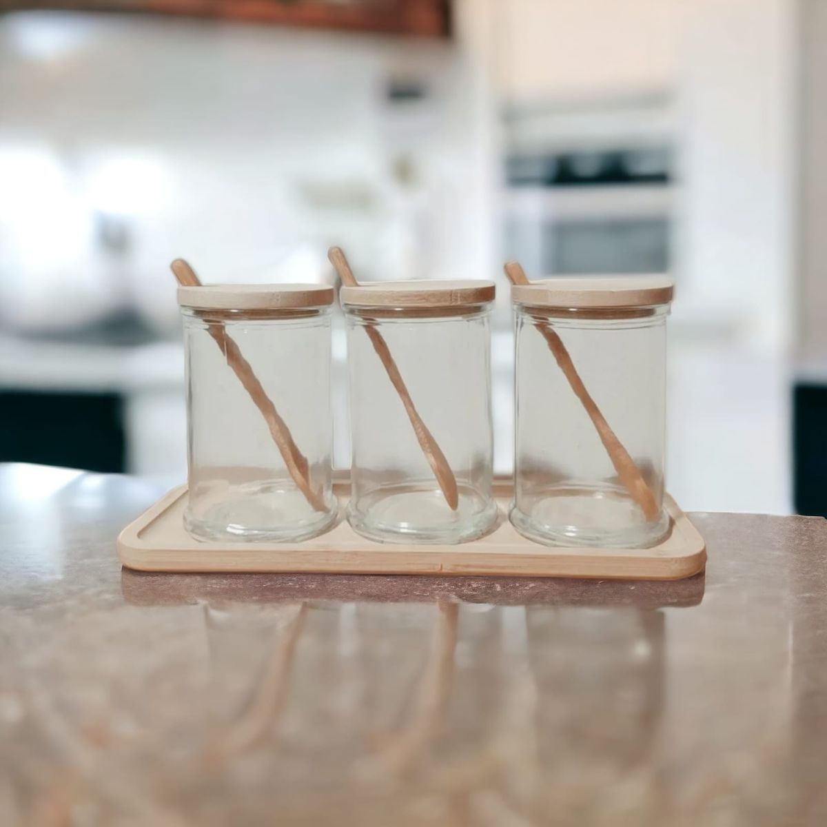 GENERICO - Set de contenedores condimenteros vidrio fuente de bambú minimalista
