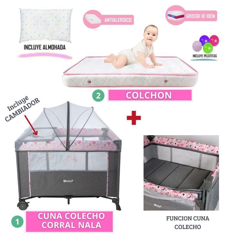 EBABY - Cuna corral colecho NALA ROSADO HOT mas COLCHON