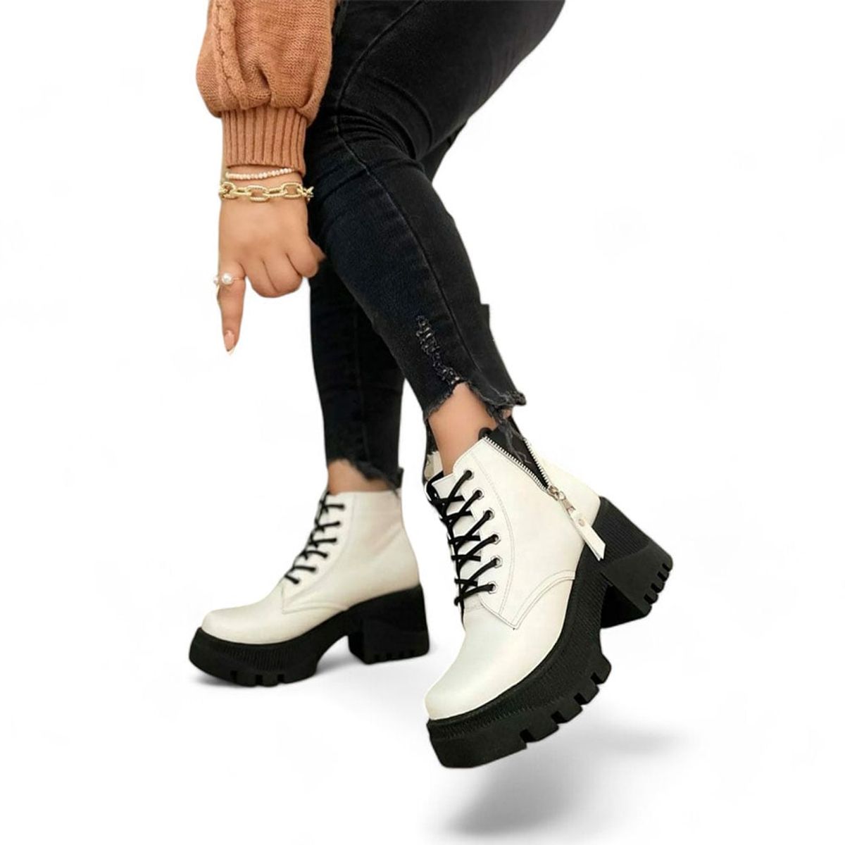 GENERICO - Botin Mujer Casual Cierre Abierto Taco 5 2086L-58 Color Blanco