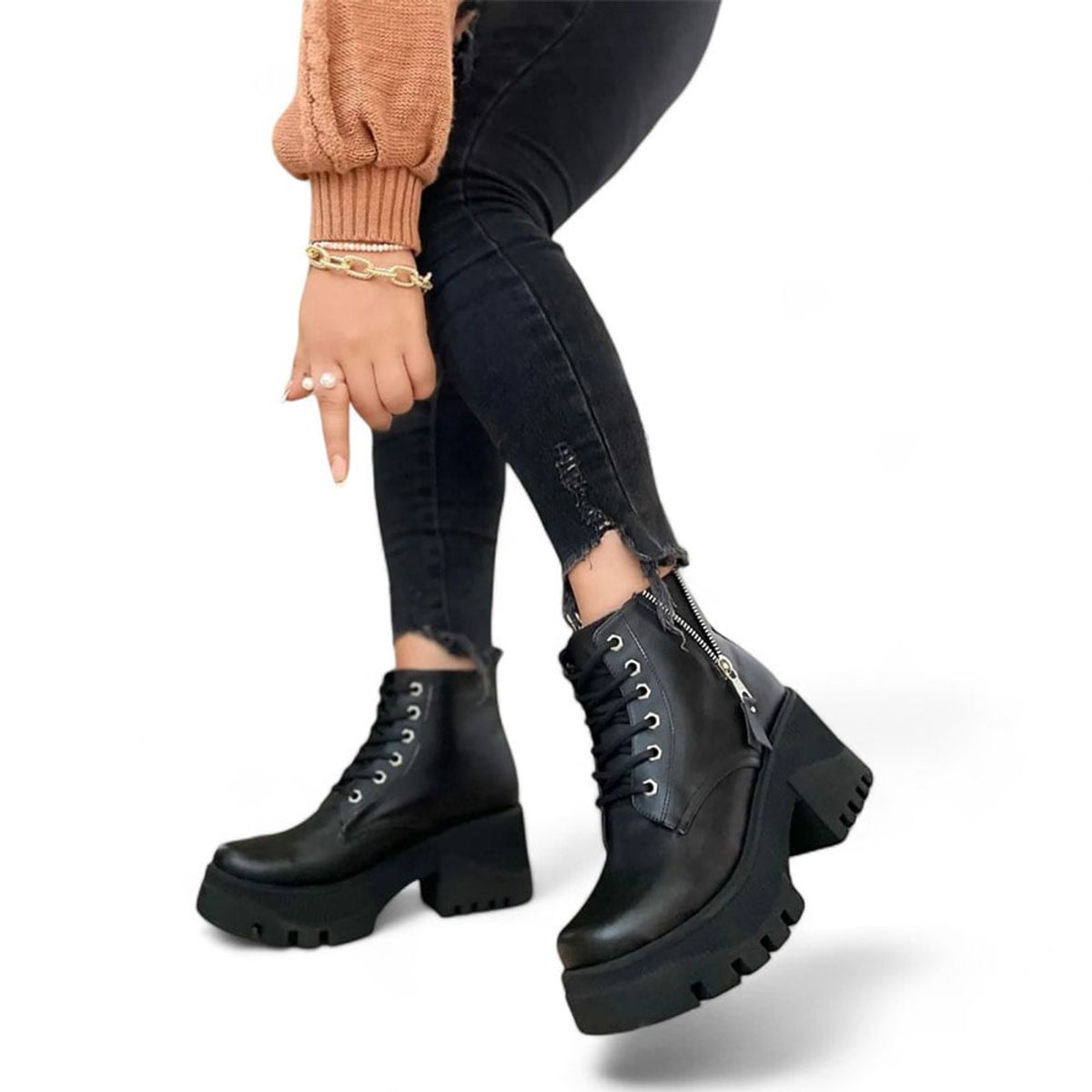 GENERICO - Botin Mujer Casual Cierre Abierto Taco 5 2086L-58 Color Negro