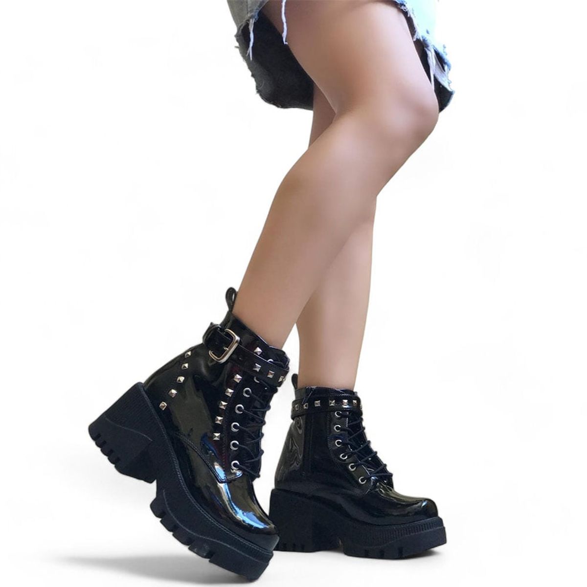 GENERICO - Botin Mujer Rock Piedras Taco 5 Charol 2086L-60 Color Negro