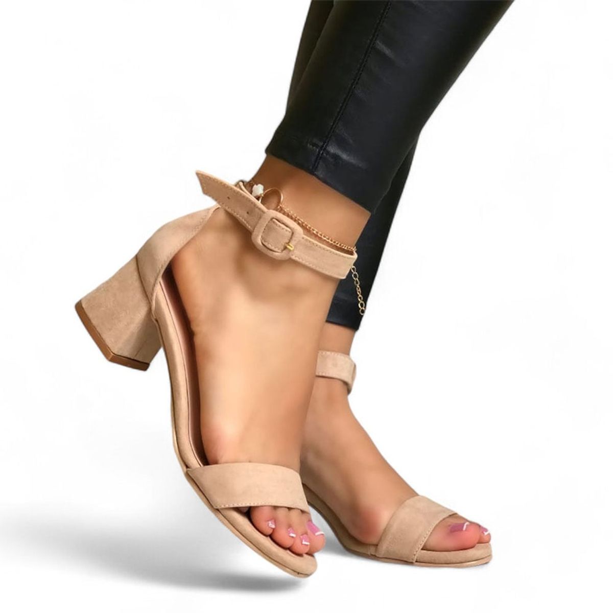 GENERICO - Sandalia Mujer Casual Taco 5 Punta Redonda Gamuza 2086L-55 Color Beige