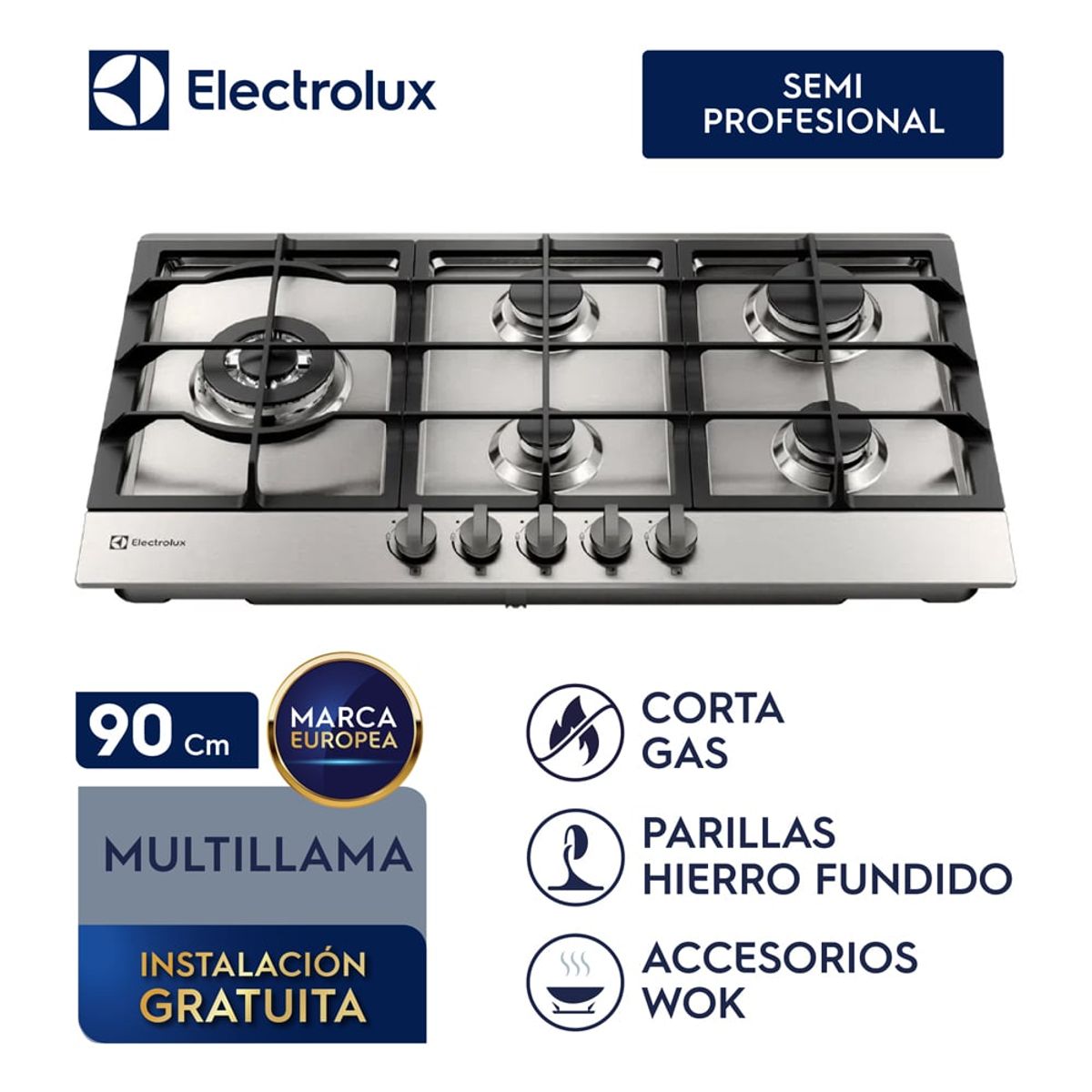ELECTROLUX - Combo: Cocina empotrable 5 quemadores Inox de Gas KE9DX + Campana 90CM CE9TF Electrolux