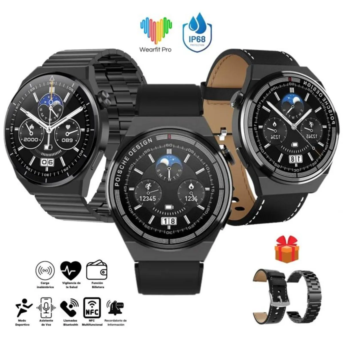 GENERICO - SMARTWATCH  GT3 MAX CON 3 CORREAS COLOR NEGRO.